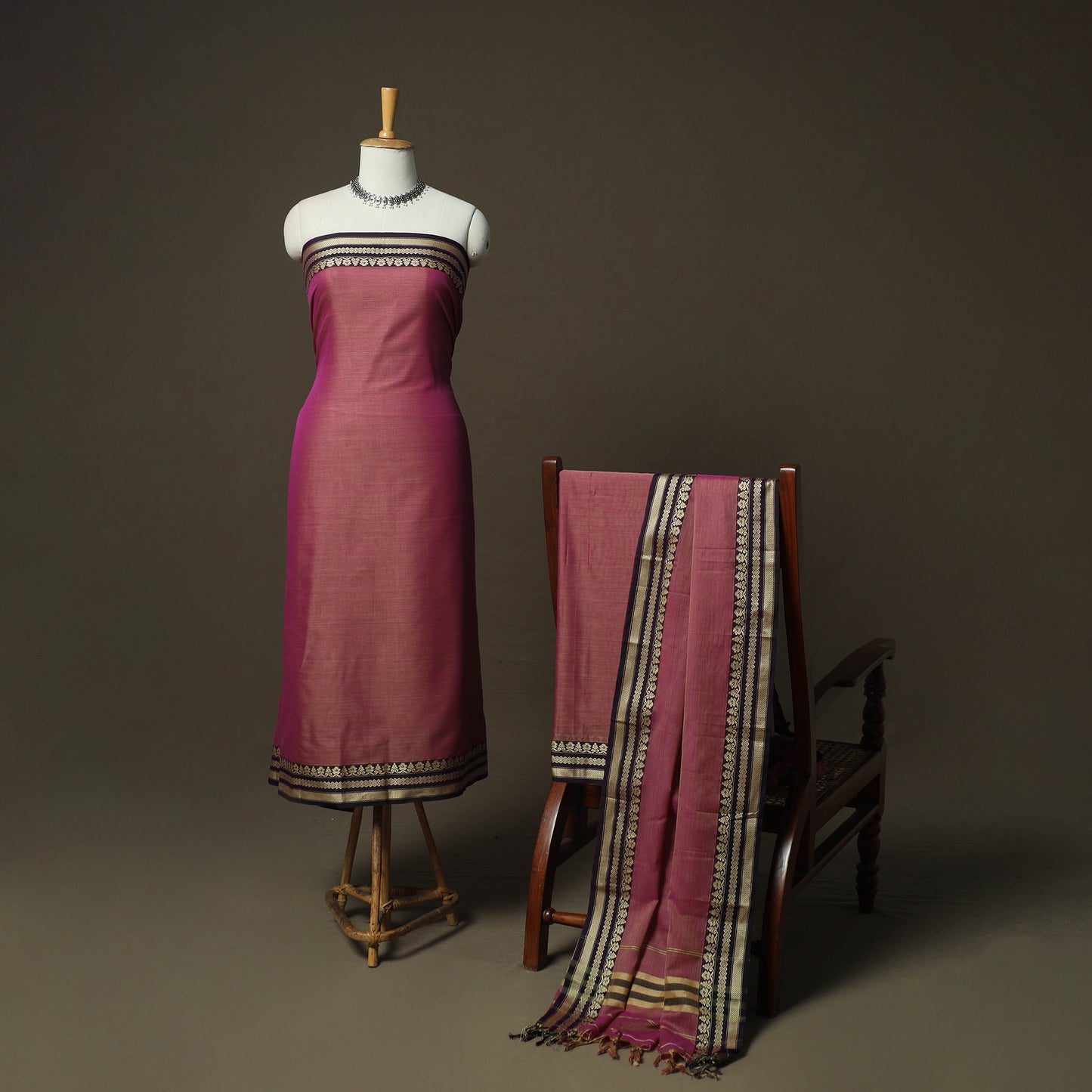 Purple - Dharwad Woven Mercerised Cotton 3pc Unstitched Dress Material Suit Set 27