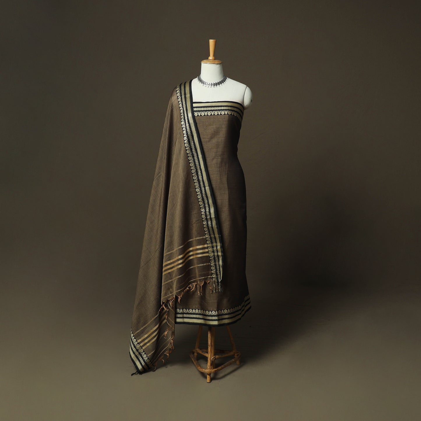 Brown - Dharwad Woven Mercerised Cotton 3pc Unstitched Dress Material Suit Set 28