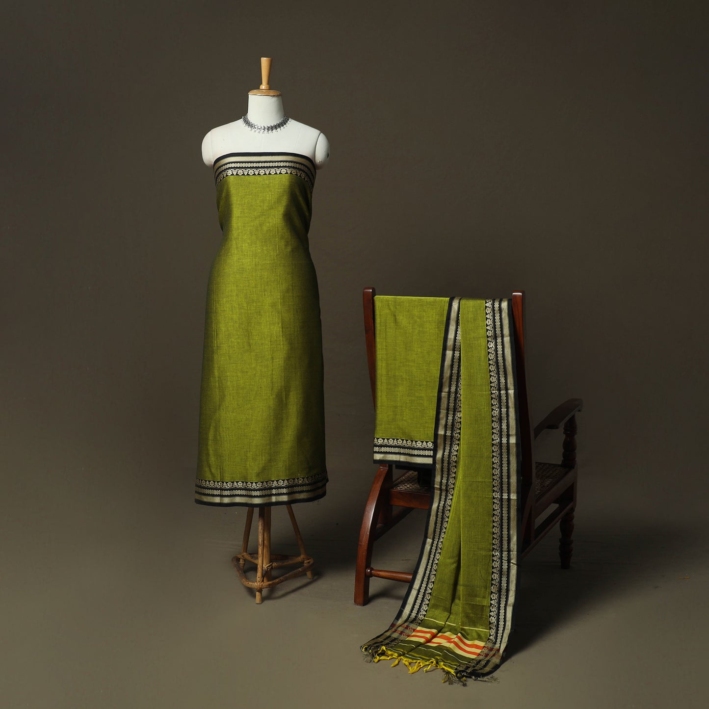 Green - Dharwad Woven Mercerised Cotton 3pc Unstitched Dress Material Suit Set 29