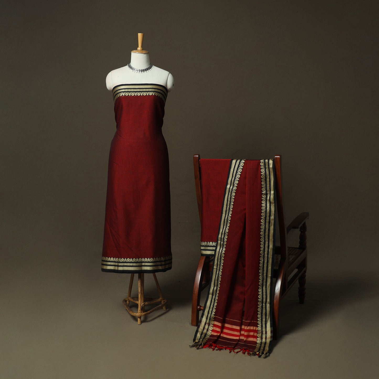 Maroon - Dharwad Woven Mercerised Cotton 3pc Unstitched Dress Material Suit Set 30