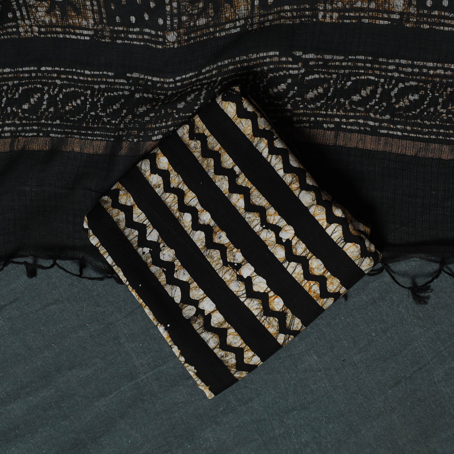 Kutch Hand Block Batik Print Kota Doria Cotton 3pc Unstitched Dress Material Suit Set 10
