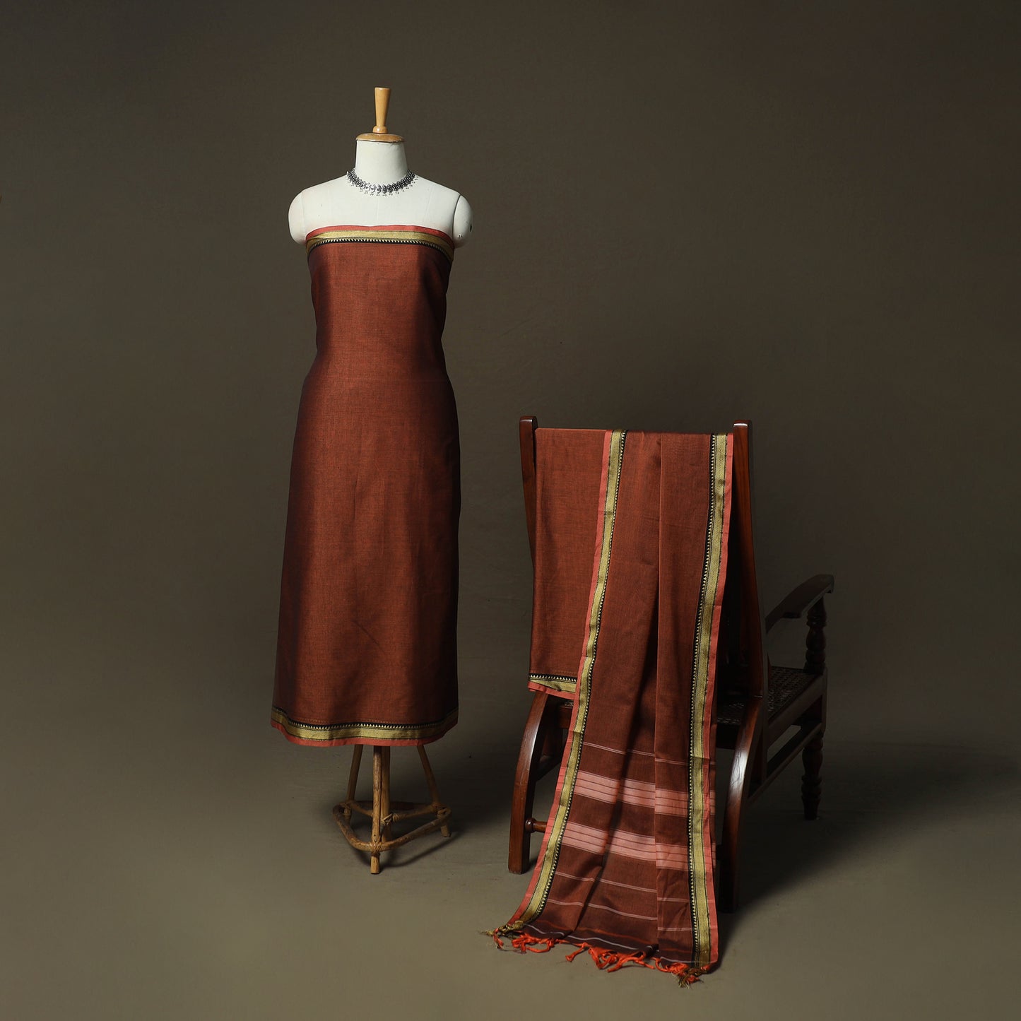 Brown - Dharwad Woven Mercerised Cotton 3pc Unstitched Dress Material Suit Set 33
