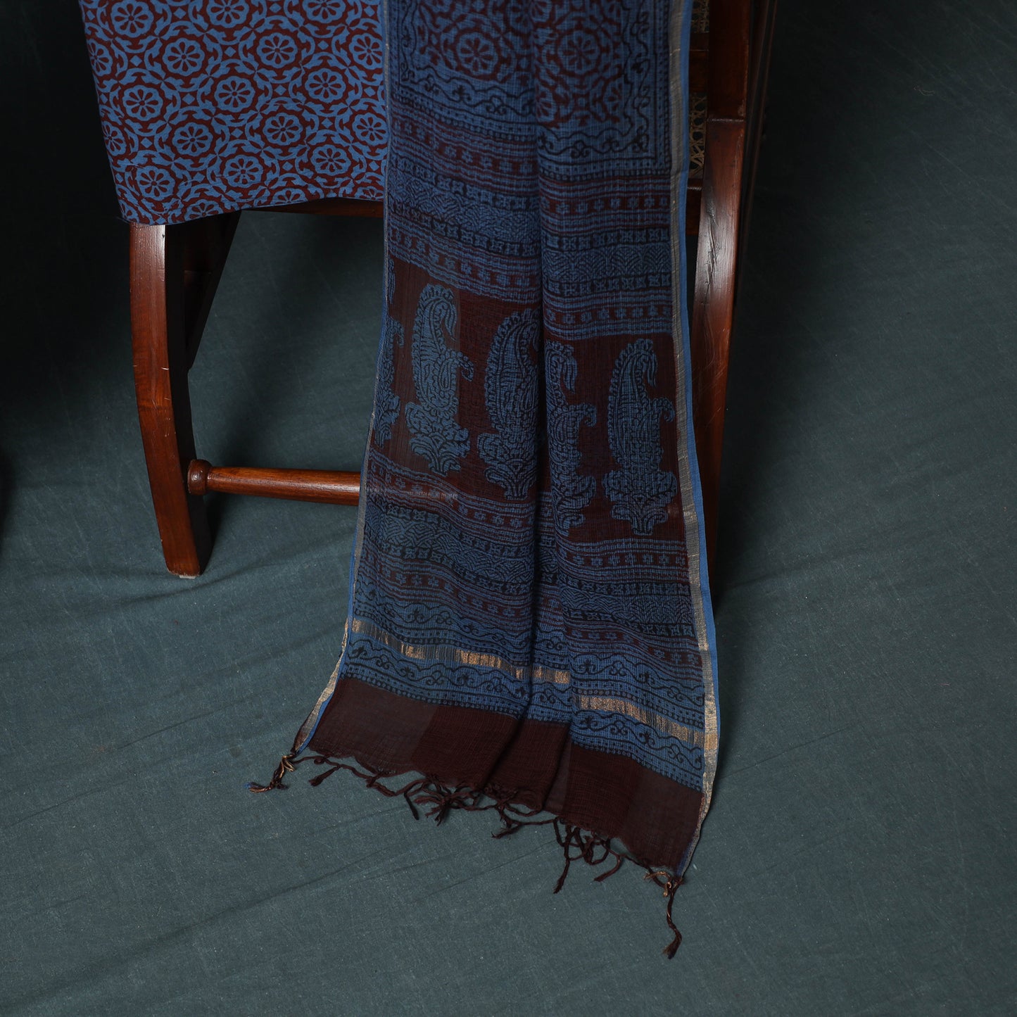 Bagh Hand Block Print Natural Dyed Kota Doria Cotton 3pc Unstitched Dress Material Suit Set 01