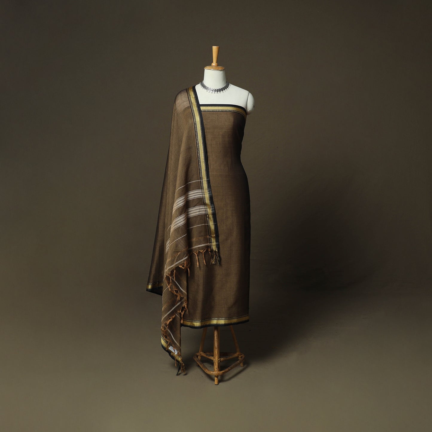 Brown - Dharwad Woven Mercerised Cotton 3pc Unstitched Dress Material Suit Set 37