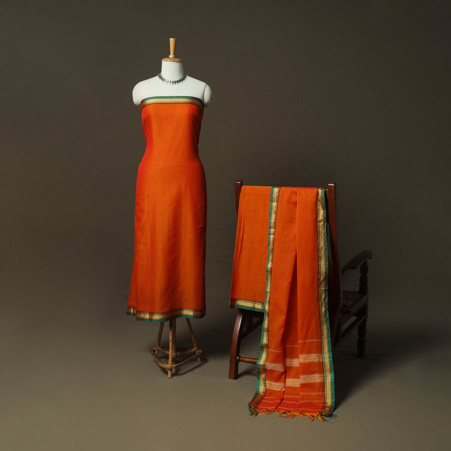 Orange - Dharwad Woven Mercerised Cotton 3pc Unstitched Dress Material Suit Set 38
