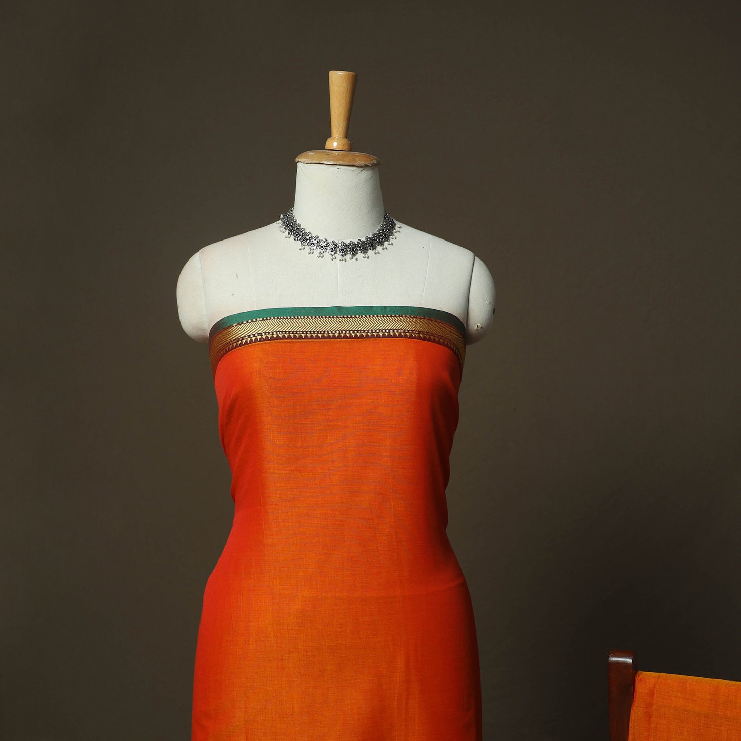Orange - Dharwad Woven Mercerised Cotton 3pc Unstitched Dress Material Suit Set 38