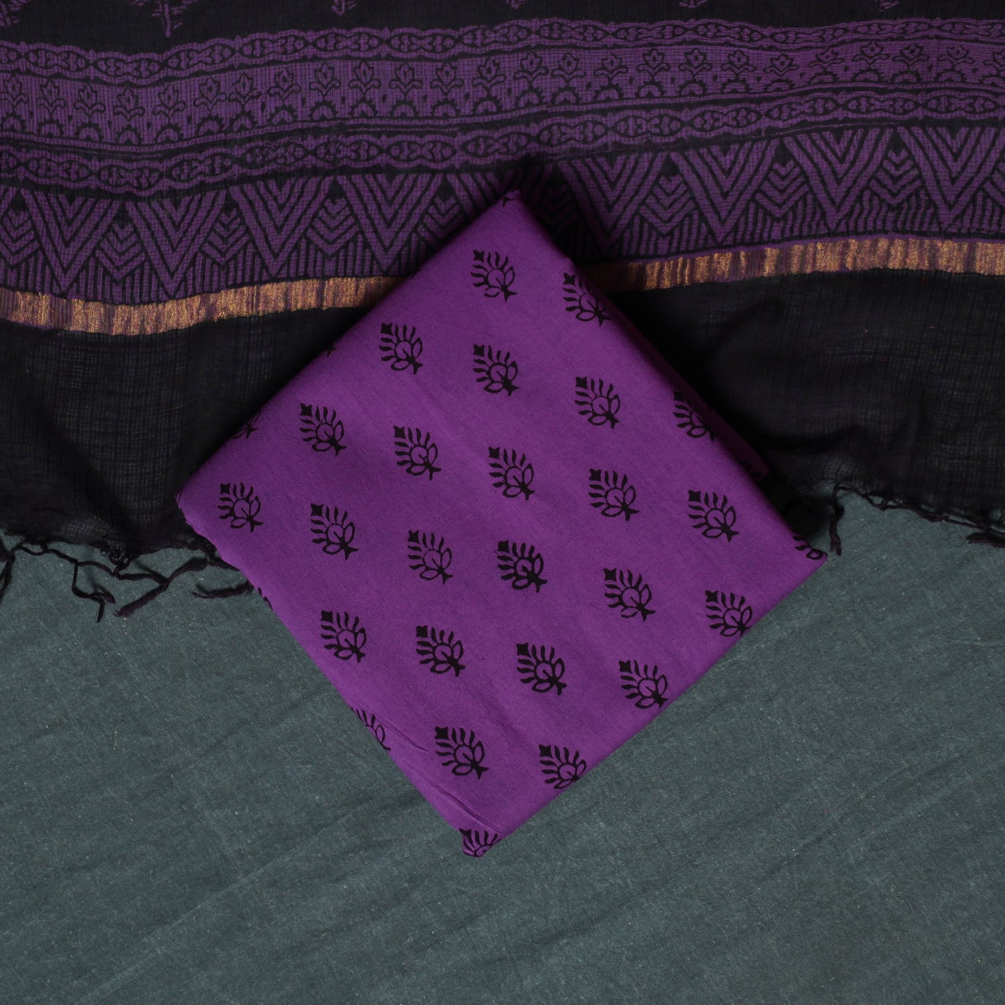 Bagh Hand Block Print Natural Dyed Kota Doria Cotton 3pc Unstitched Dress Material Suit Set 08