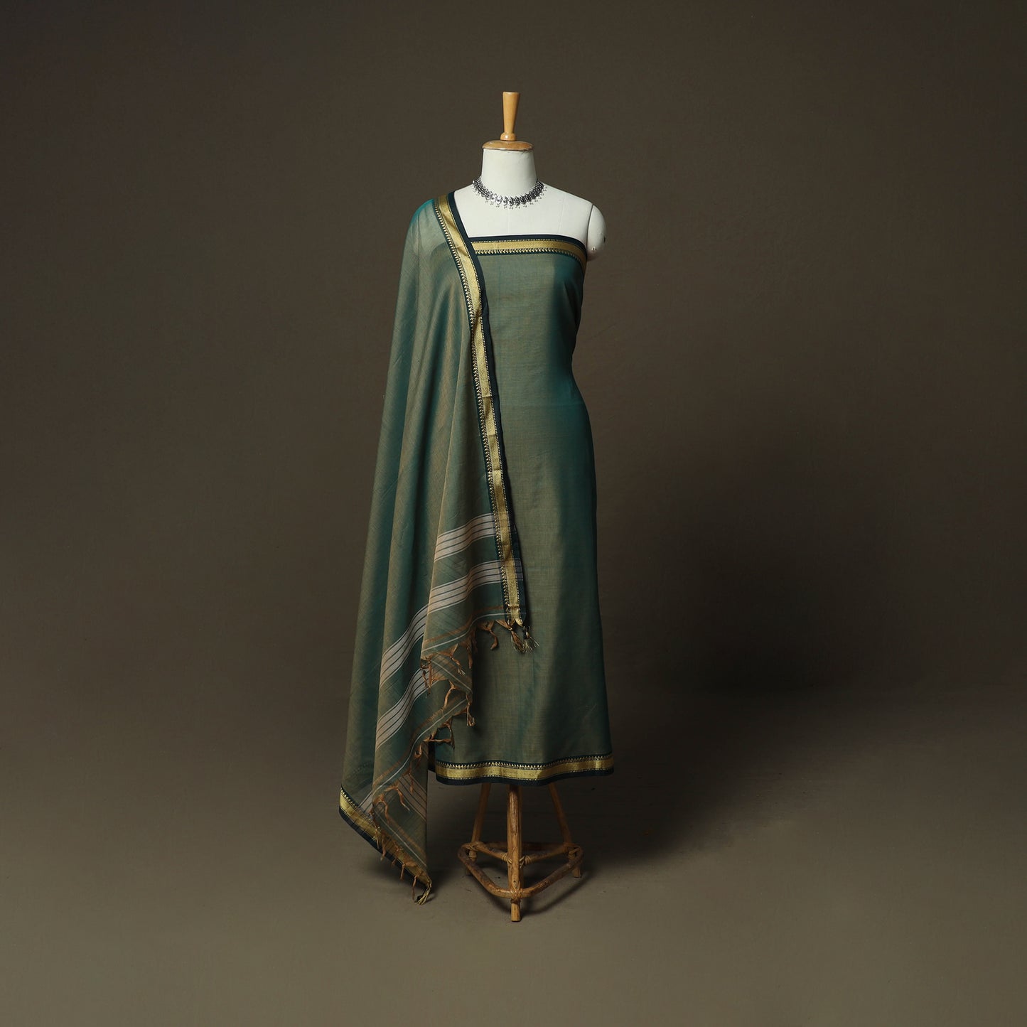 Green - Dharwad Woven Mercerised Cotton 3pc Unstitched Dress Material Suit Set 39