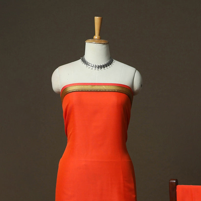Orange - Dharwad Woven Mercerised Cotton 3pc Unstitched Dress Material Suit Set 40