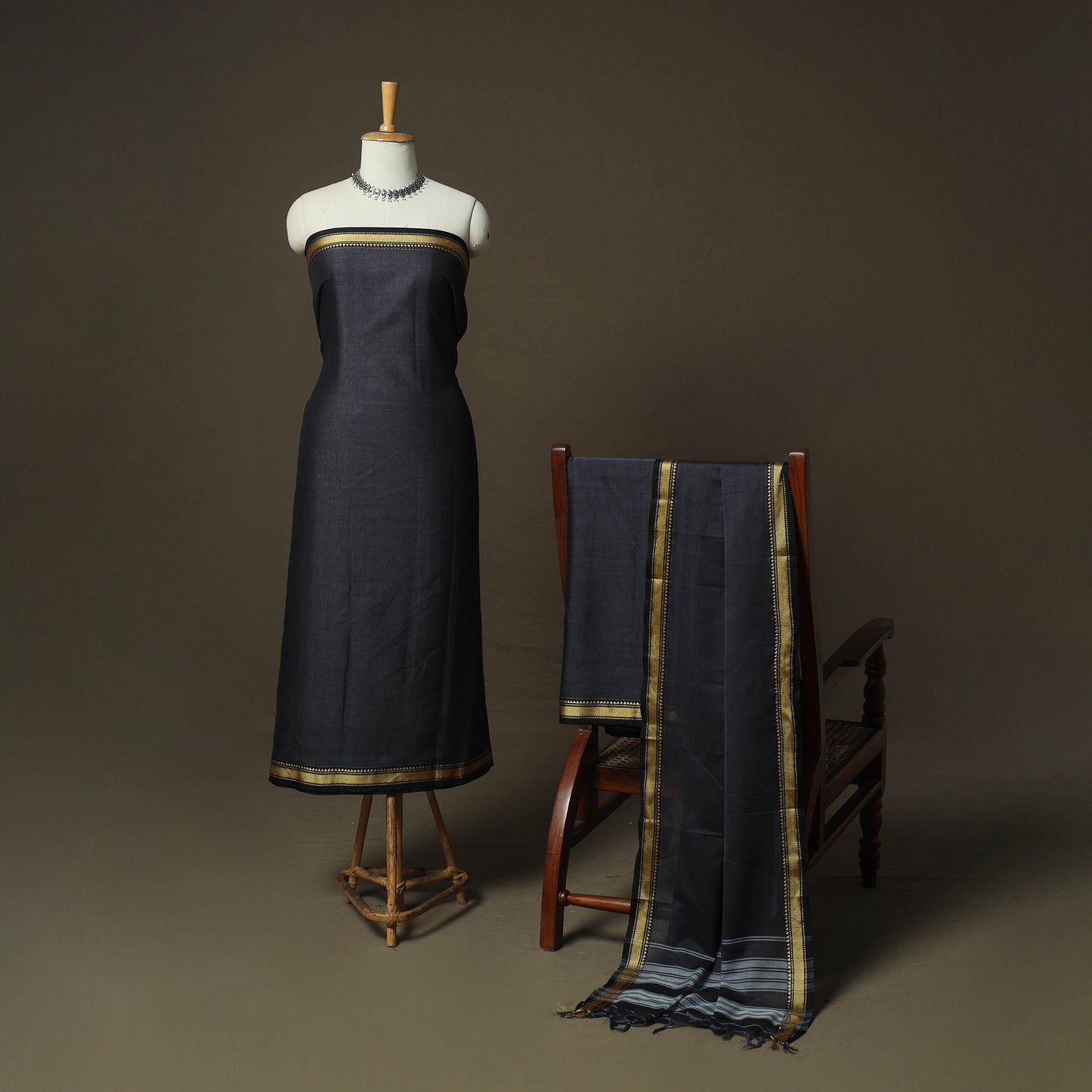 Black - Dharwad Woven Mercerised Cotton 3pc Unstitched Dress Material Suit Set 41