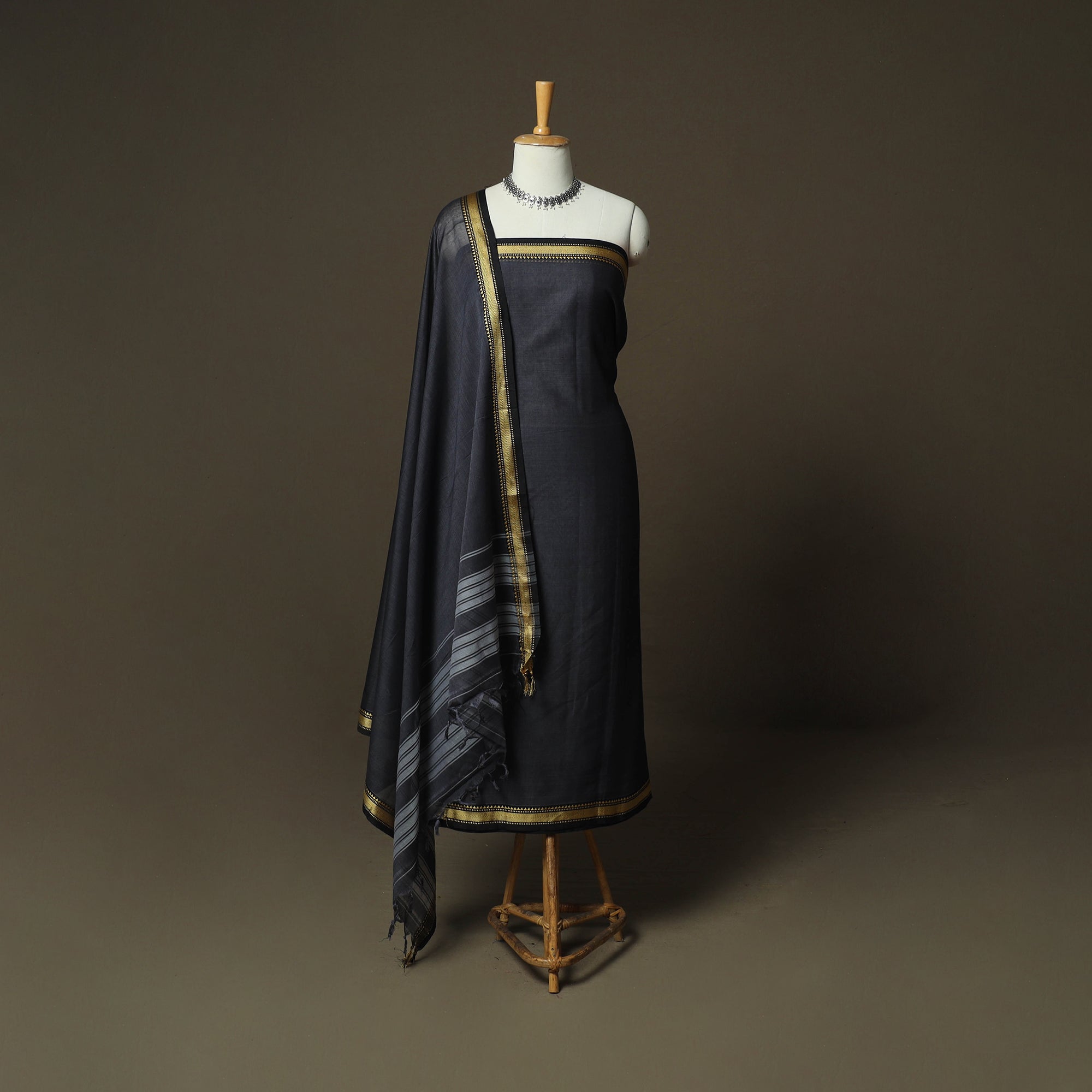 Black Dharwad Woven Mercerised Cotton 3pc Unstitched Dress Material Suit Set