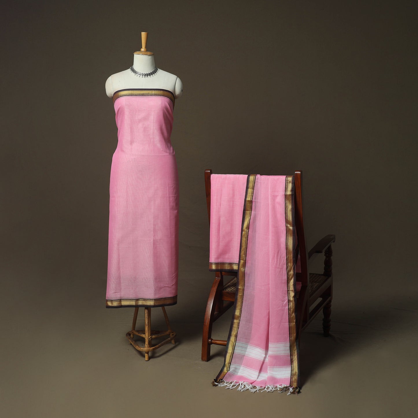 Pink - Dharwad Woven Mercerised Cotton 3pc Unstitched Dress Material Suit Set 42