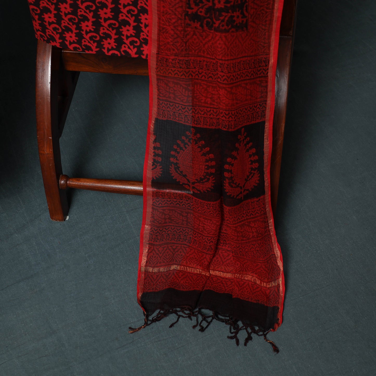 Bagh Hand Block Print Natural Dyed Kota Doria Cotton 3pc Unstitched Dress Material Suit Set 12