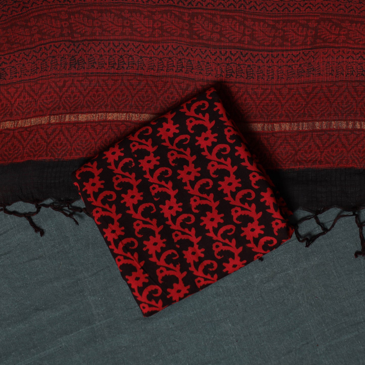 Bagh Hand Block Print Natural Dyed Kota Doria Cotton 3pc Unstitched Dress Material Suit Set 12