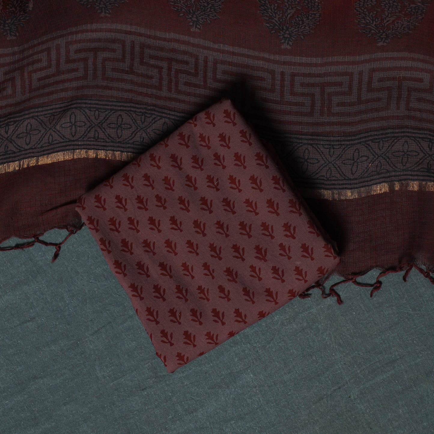 Bagh Hand Block Print Natural Dyed Kota Doria Cotton 3pc Unstitched Dress Material Suit Set 13
