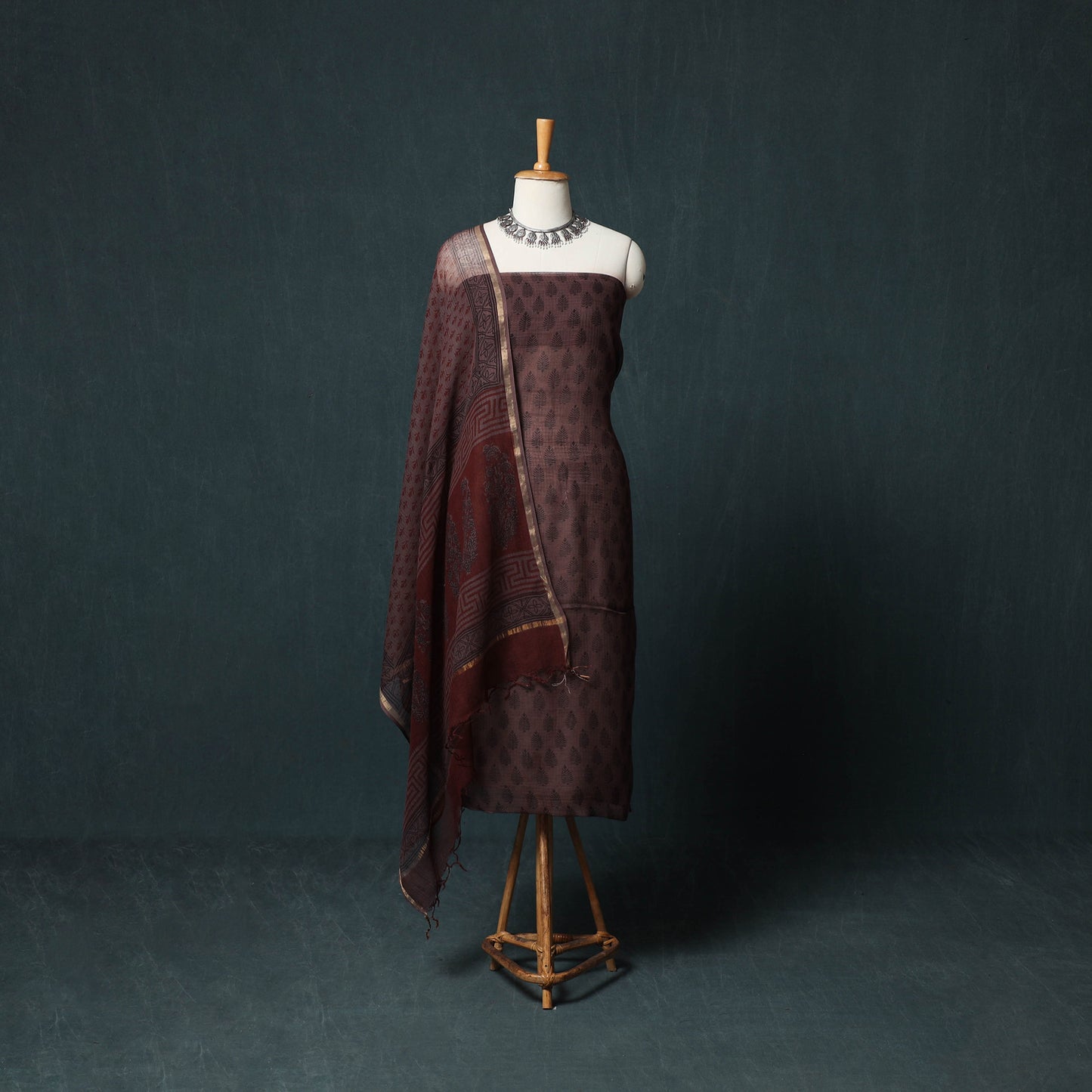 Bagh Hand Block Print Natural Dyed Kota Doria Cotton 3pc Unstitched Dress Material Suit Set 13