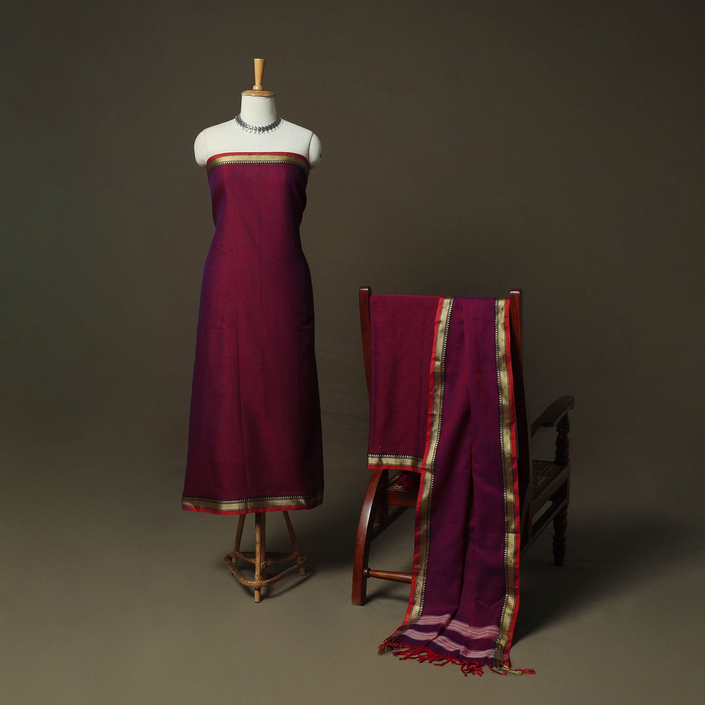Maroon - Dharwad Woven Mercerised Cotton 3pc Unstitched Dress Material Suit Set 46