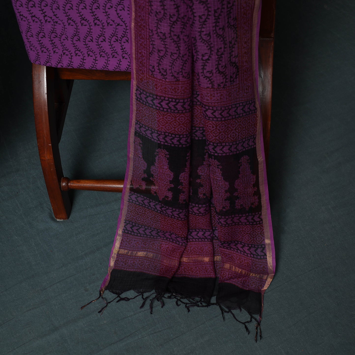 Bagh Hand Block Print Natural Dyed Kota Doria Cotton 3pc Unstitched Dress Material Suit Set 15