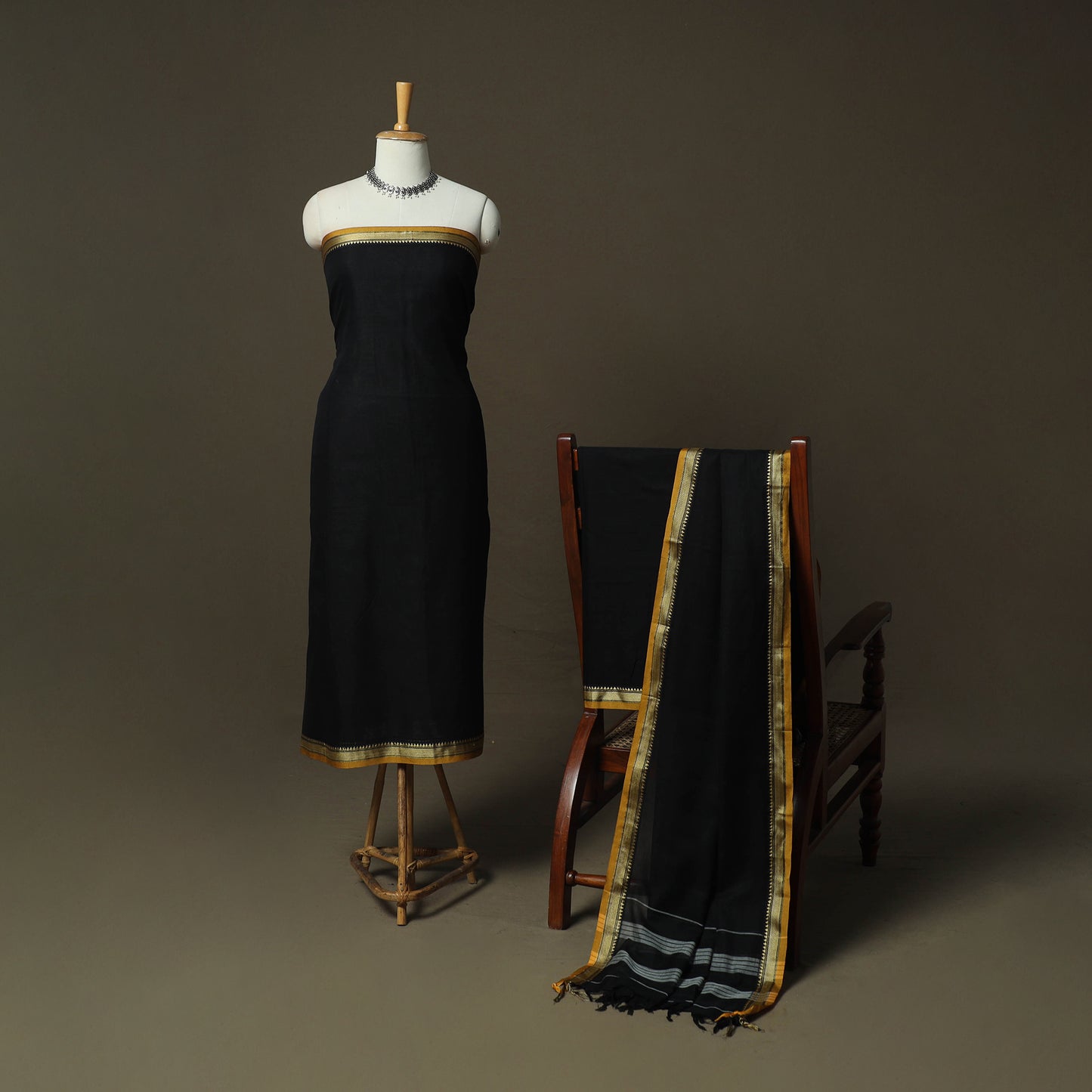 Black - Dharwad Woven Mercerised Cotton 3pc Unstitched Dress Material Suit Set 47