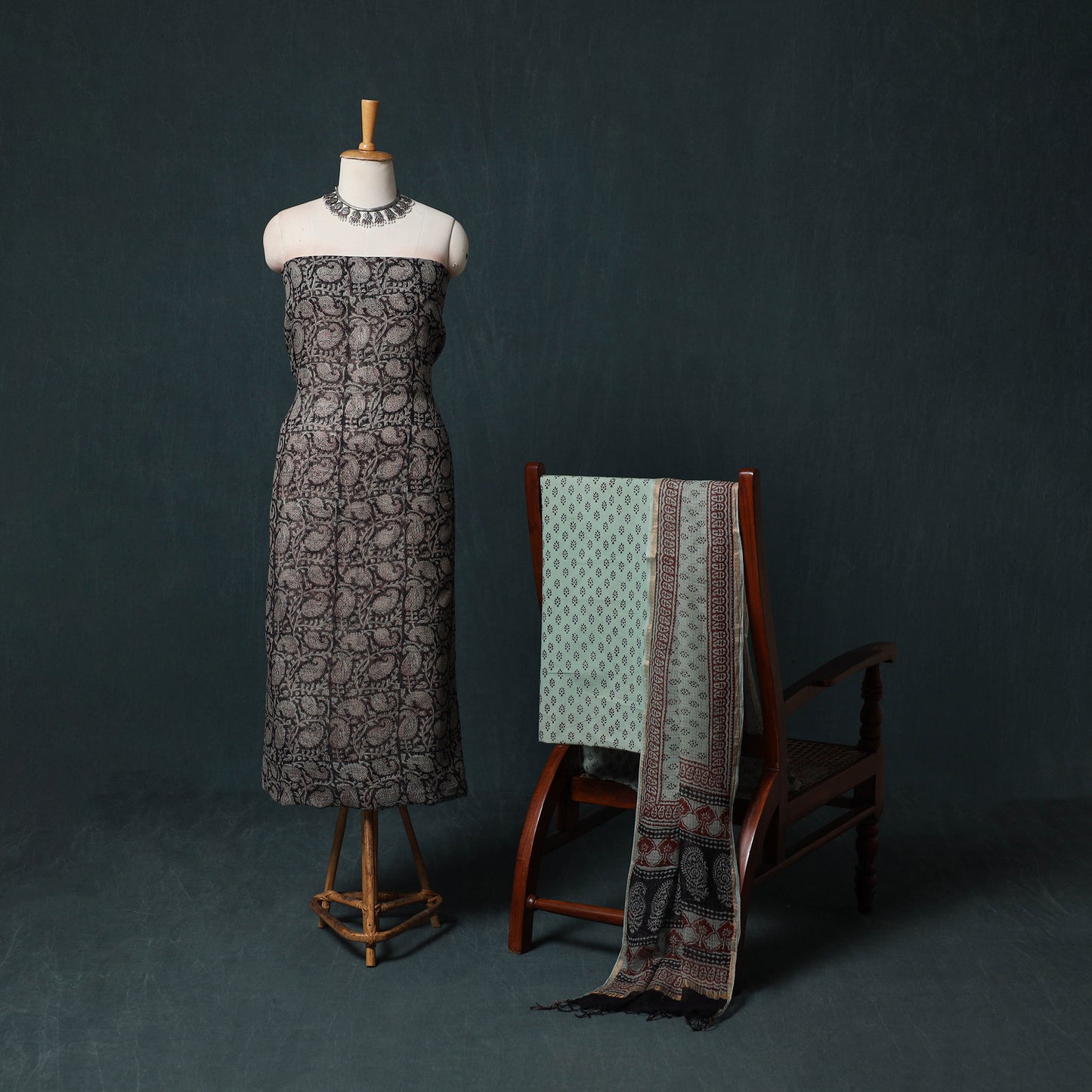 Bagh Hand Block Print Natural Dyed Kota Doria Cotton 3pc Unstitched Dress Material Suit Set 16