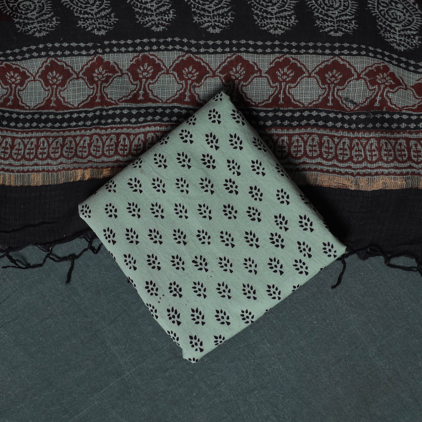 Bagh Hand Block Print Natural Dyed Kota Doria Cotton 3pc Unstitched Dress Material Suit Set 16