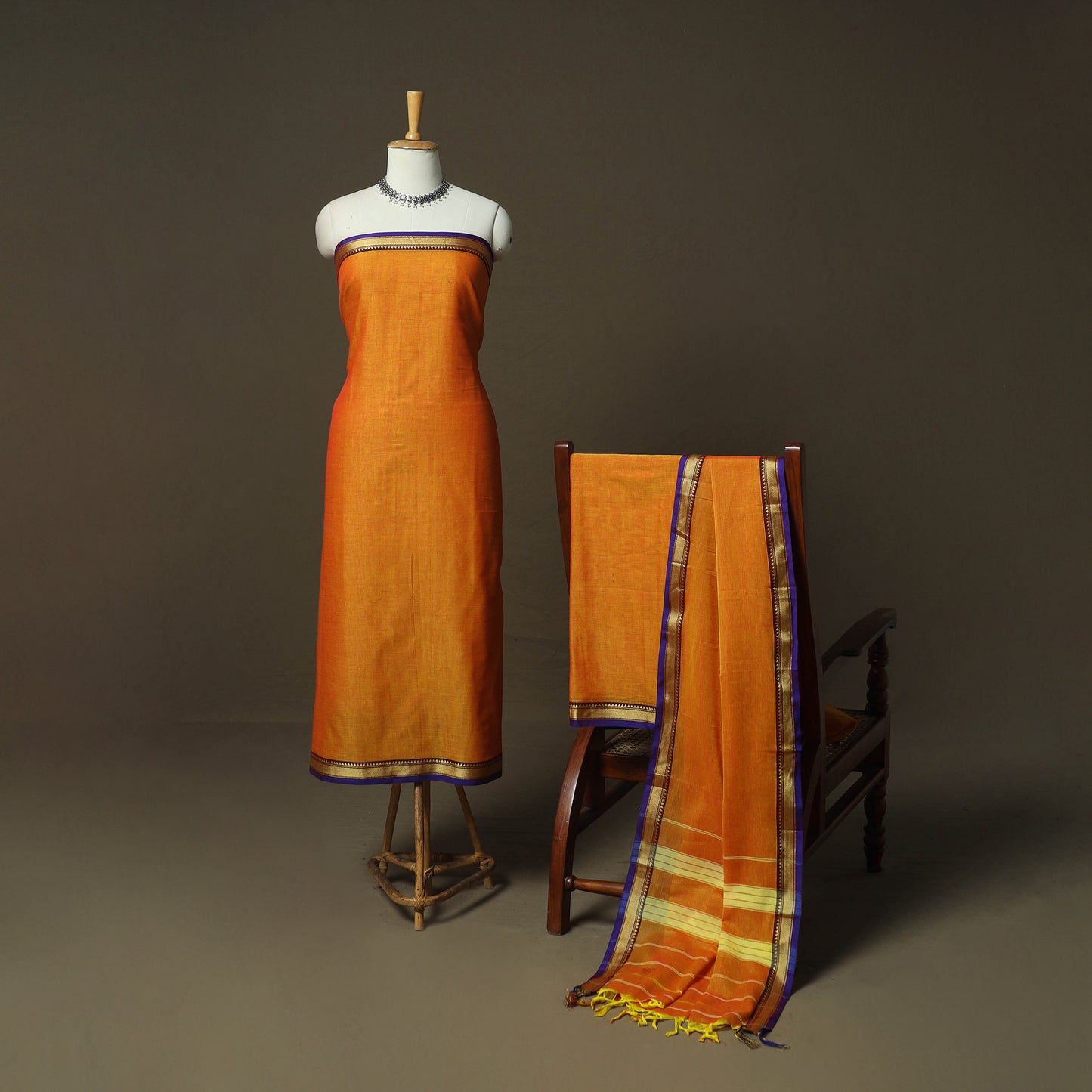 Orange - Dharwad Woven Mercerised Cotton 3pc Unstitched Dress Material Suit Set 49