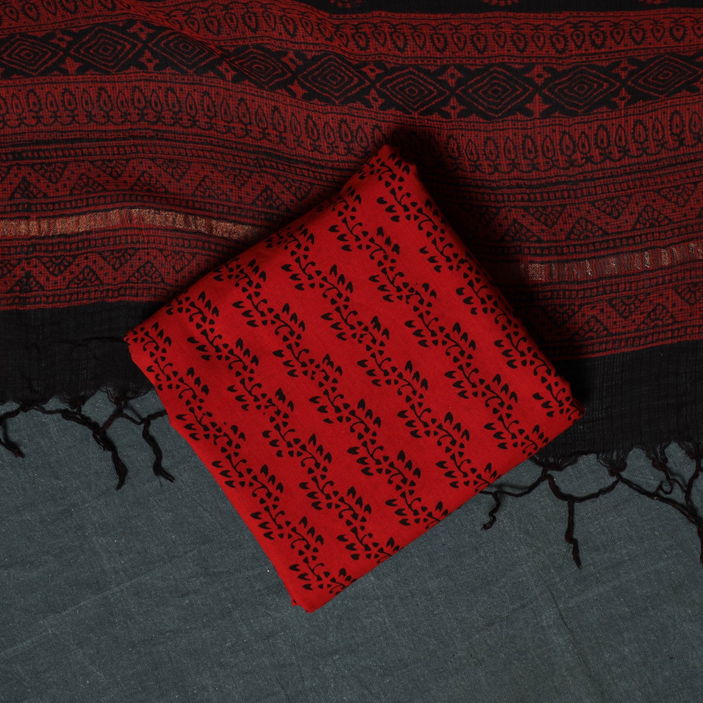 Bagh Hand Block Print Natural Dyed Kota Doria Cotton 3pc Unstitched Dress Material Suit Set 18