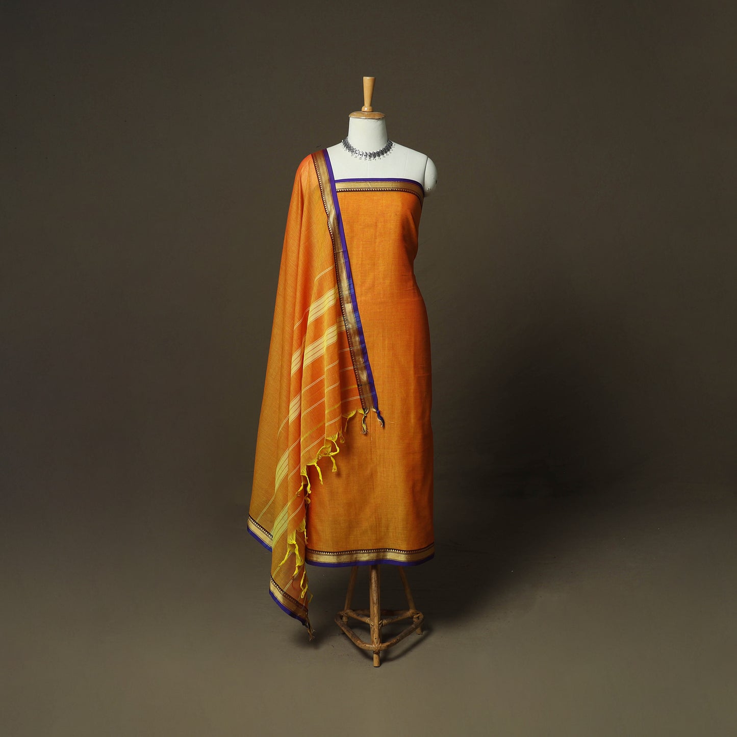 Orange - Dharwad Woven Mercerised Cotton 3pc Unstitched Dress Material Suit Set 49