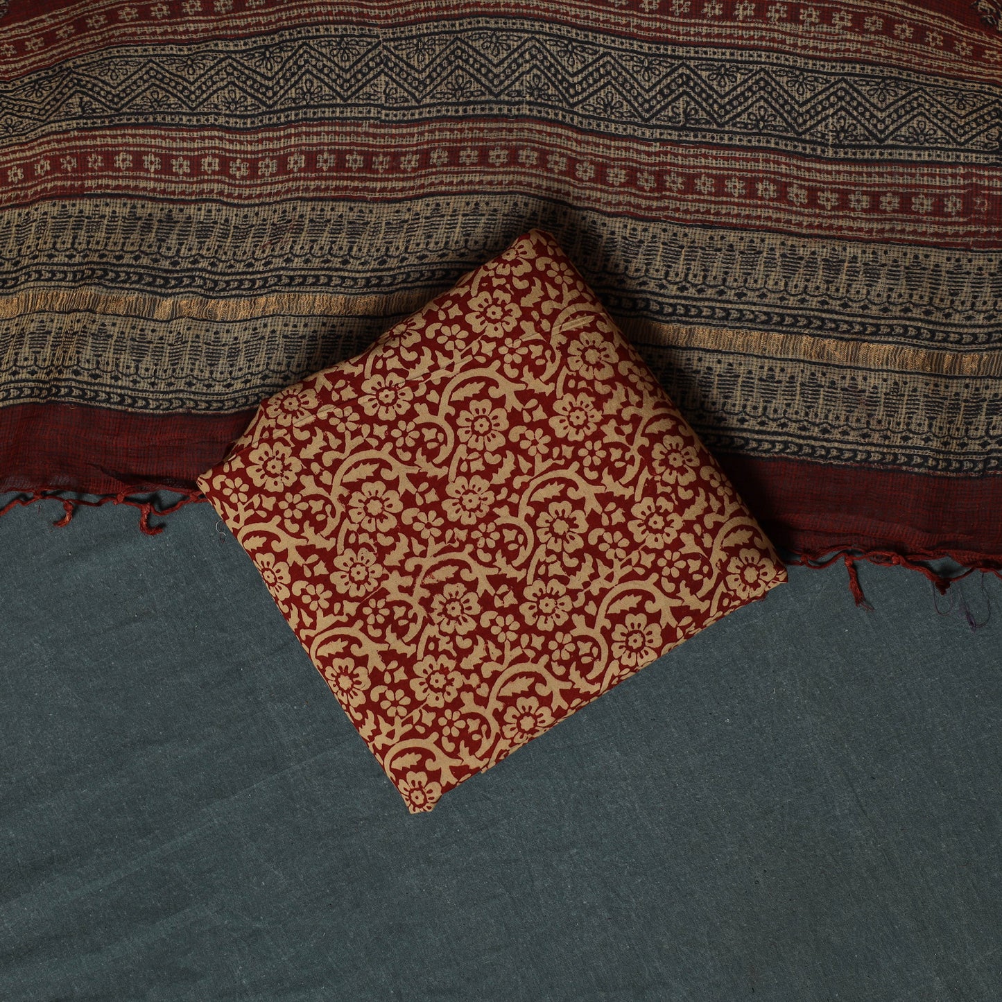 Bagh Hand Block Print Natural Dyed Kota Doria Cotton 3pc Unstitched Dress Material Suit Set 20