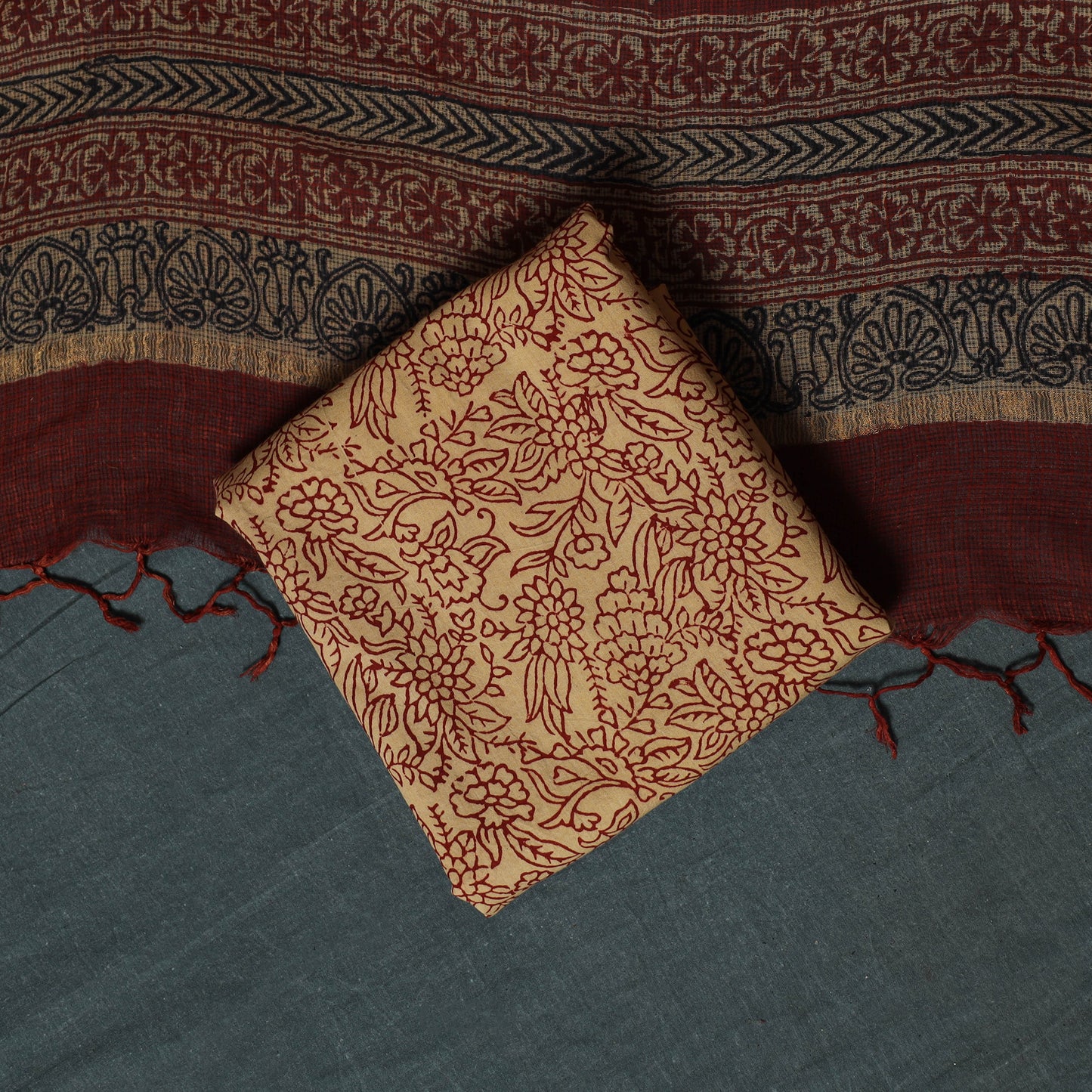 Bagh Hand Block Print Natural Dyed Kota Doria Cotton 3pc Unstitched Dress Material Suit Set 22
