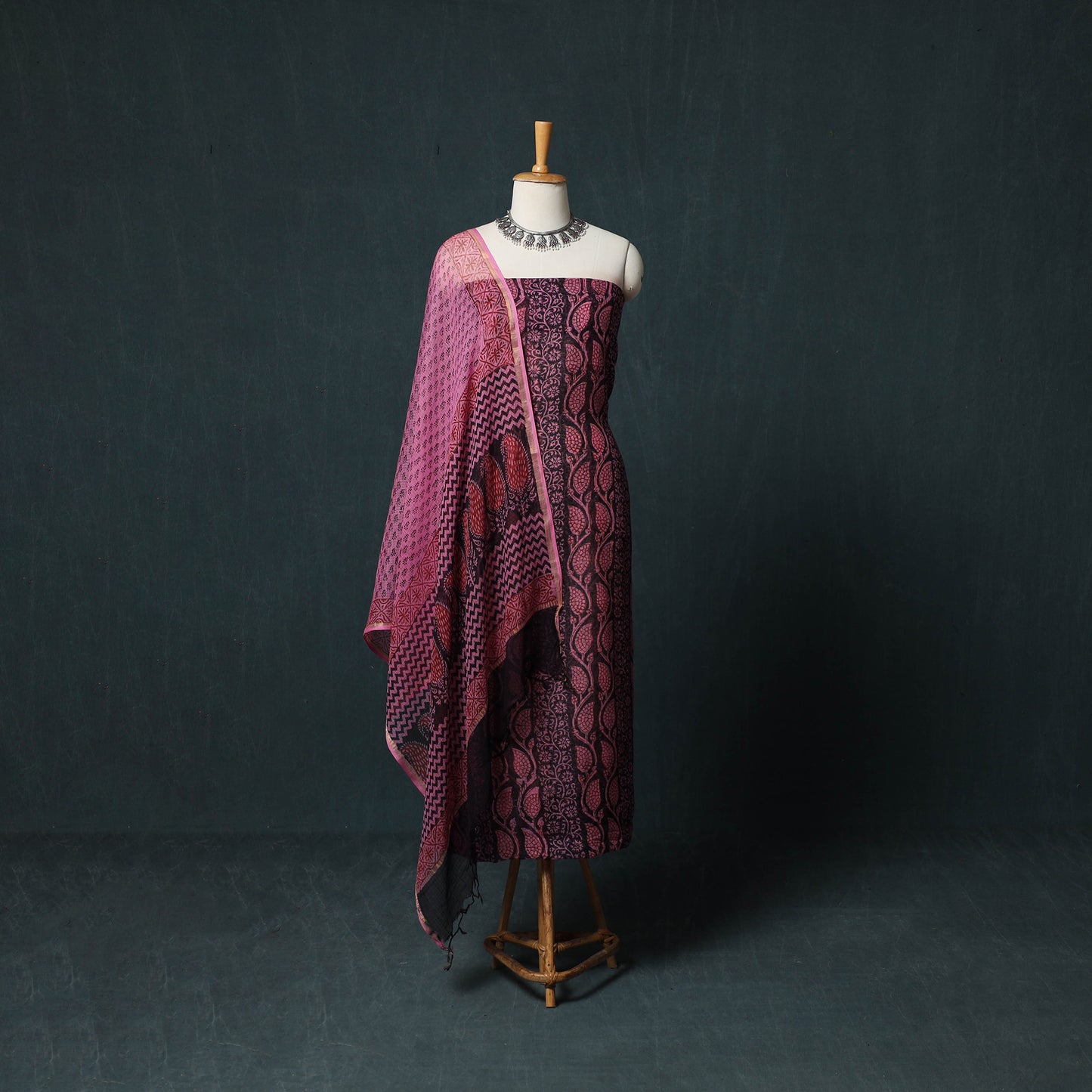 Bagh Hand Block Print Natural Dyed Kota Doria Cotton 3pc Unstitched Dress Material Suit Set 24