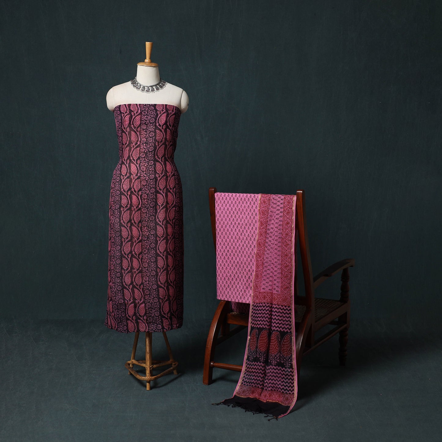 Bagh Hand Block Print Natural Dyed Kota Doria Cotton 3pc Unstitched Dress Material Suit Set 24