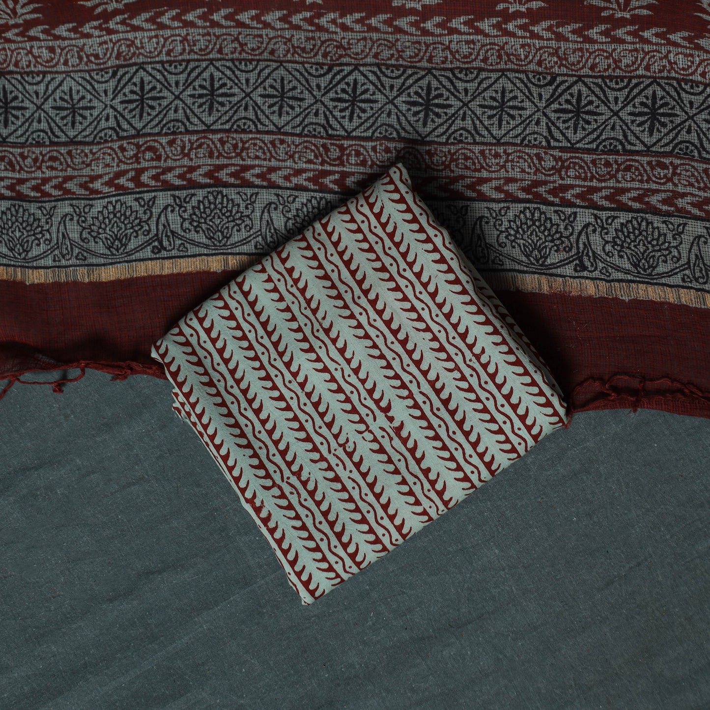Bagh Hand Block Print Natural Dyed Kota Doria Cotton 3pc Unstitched Dress Material Suit Set 25
