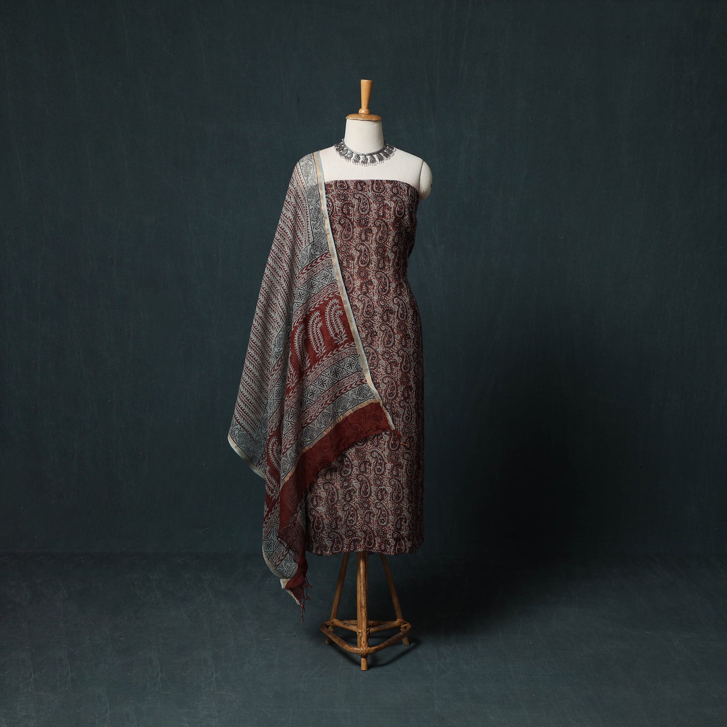 Bagh Hand Block Print Natural Dyed Kota Doria Cotton 3pc Unstitched Dress Material Suit Set 25
