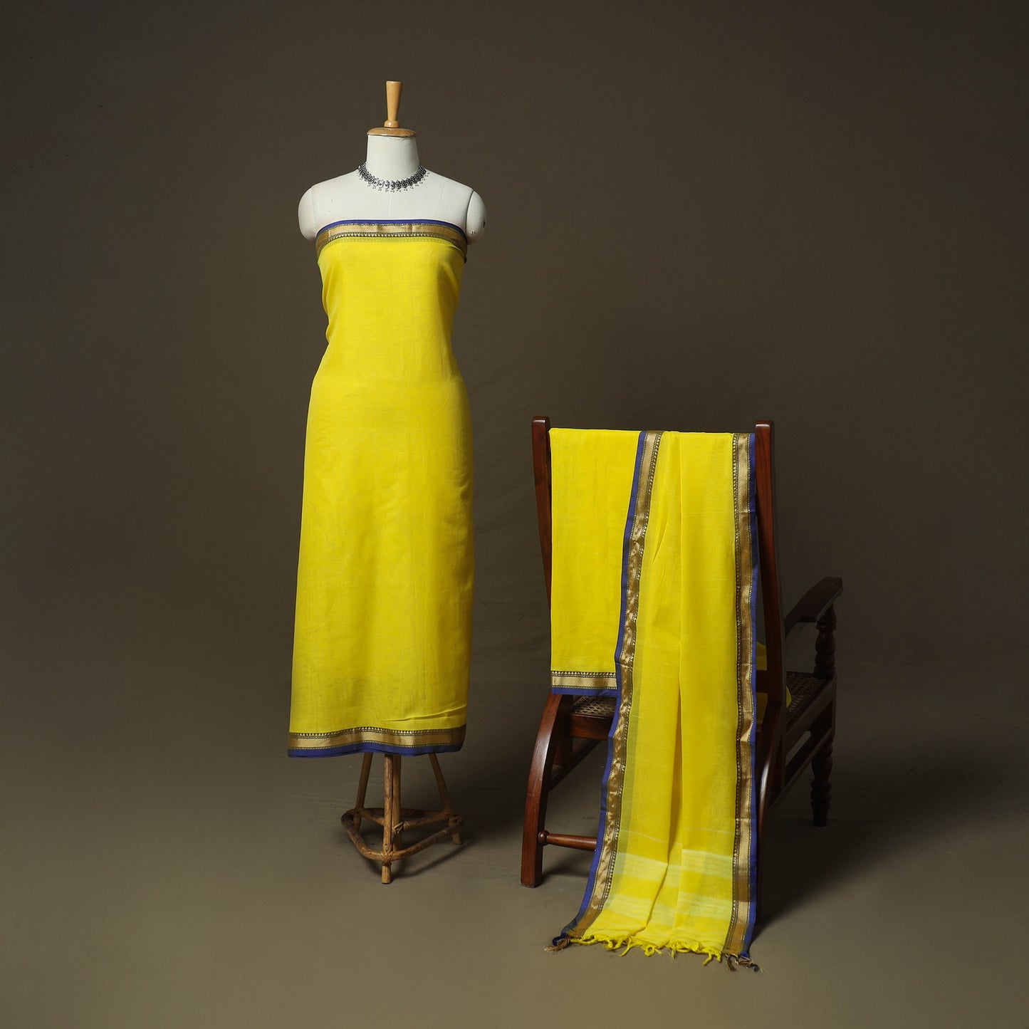 Yellow - Dharwad Woven Mercerised Cotton 3pc Unstitched Dress Material Suit Set 58