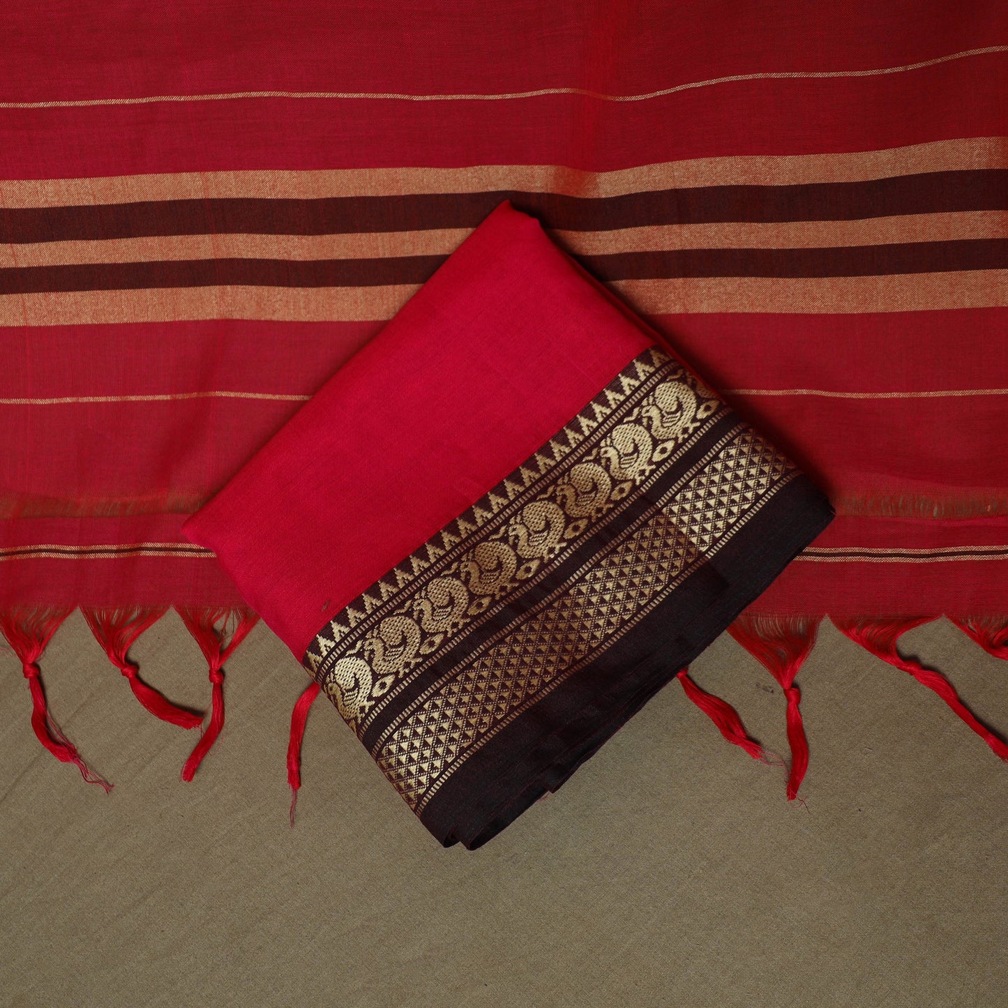 Red - Dharwad Woven Mercerised Cotton 3pc Unstitched Dress Material Suit Set 60