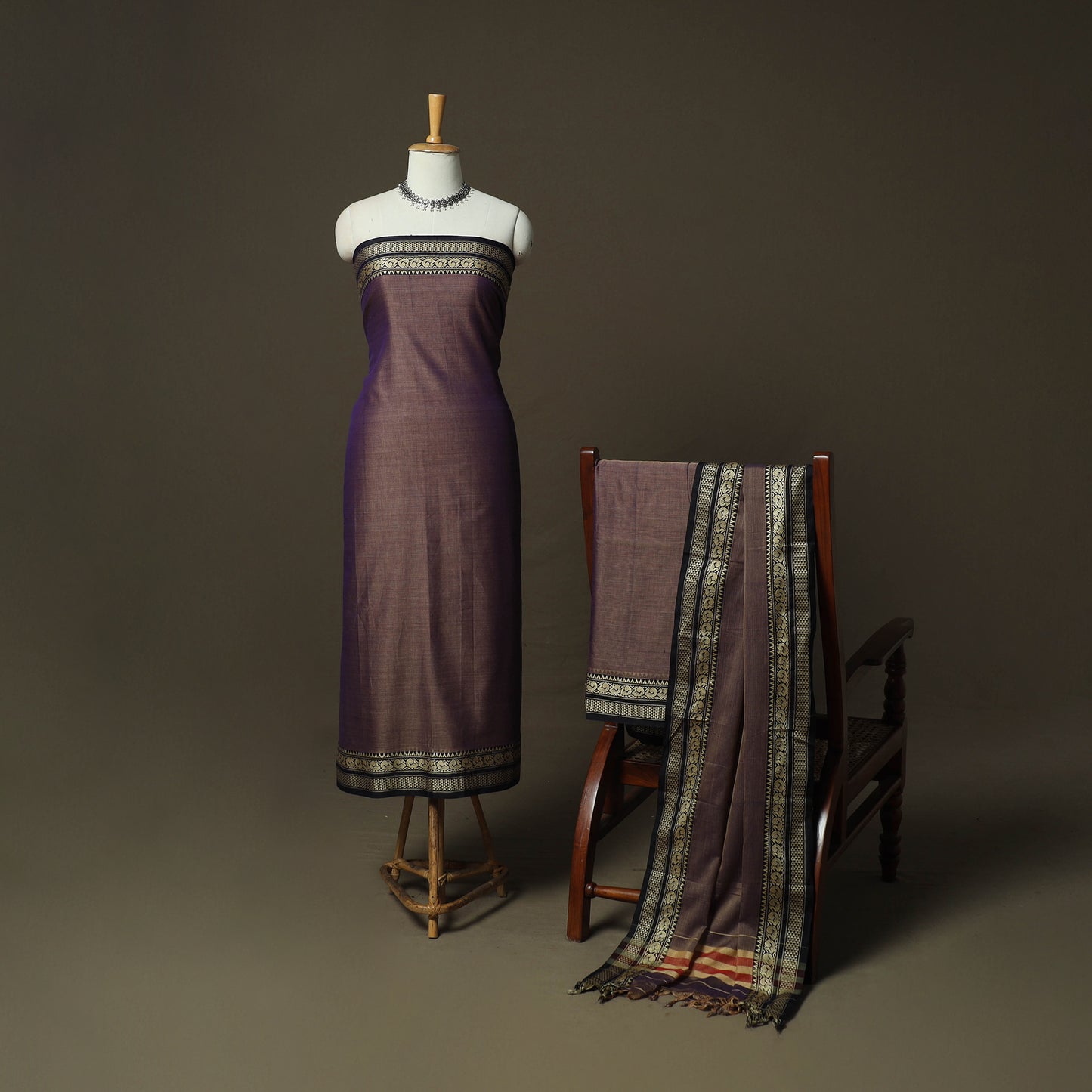 Brown - Dharwad Woven Mercerised Cotton 3pc Unstitched Dress Material Suit Set 62
