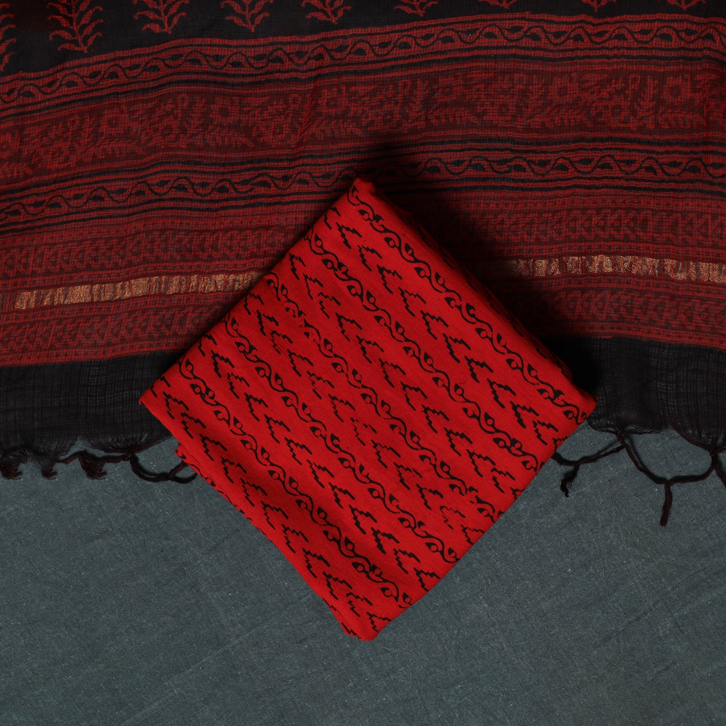 Bagh Hand Block Print Natural Dyed Kota Doria Cotton 3pc Unstitched Dress Material Suit Set 30