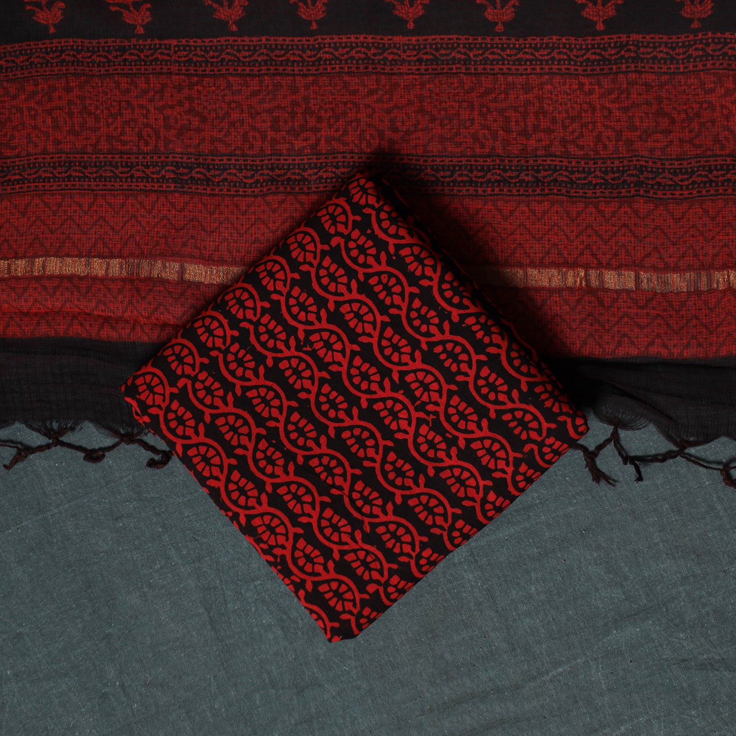 Bagh Hand Block Print Natural Dyed Kota Doria Cotton 3pc Unstitched Dress Material Suit Set 31
