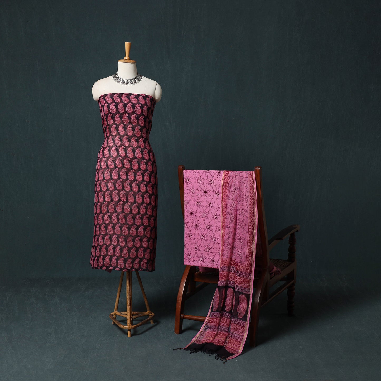 Bagh Hand Block Print Natural Dyed Kota Doria Cotton 3pc Unstitched Dress Material Suit Set 33