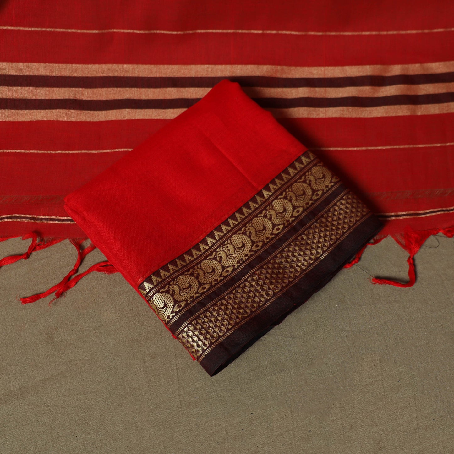 Red - Dharwad Woven Mercerised Cotton 3pc Unstitched Dress Material Suit Set 66