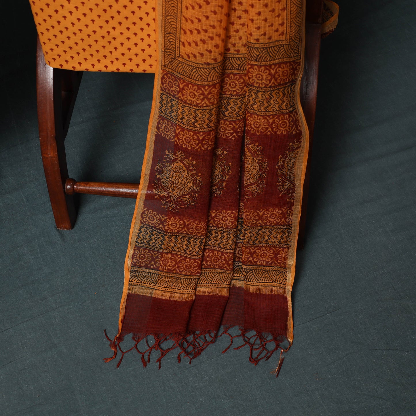 Bagh Hand Block Print Natural Dyed Kota Doria Cotton 3pc Unstitched Dress Material Suit Set 34