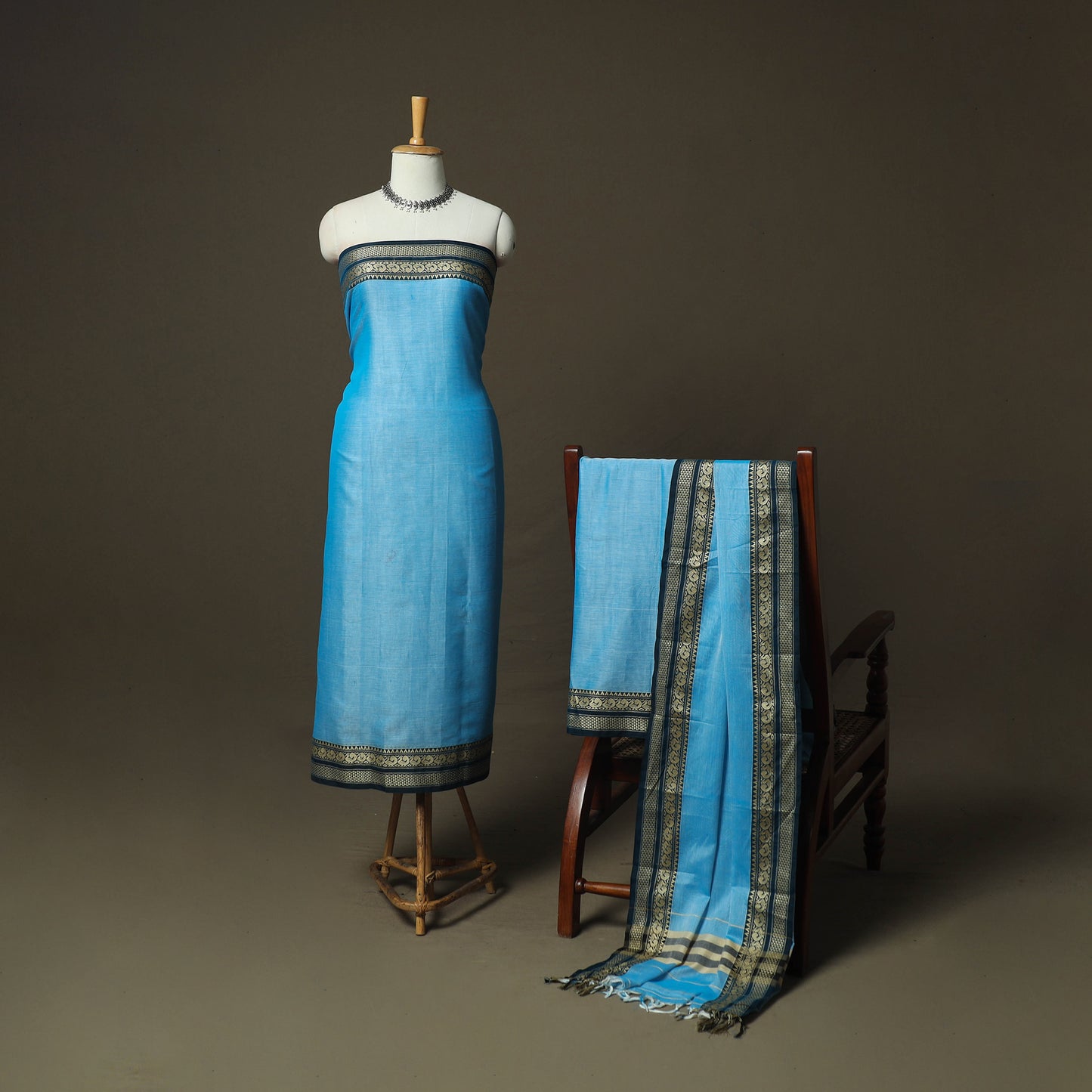 Blue - Dharwad Woven Mercerised Cotton 3pc Unstitched Dress Material Suit Set 69