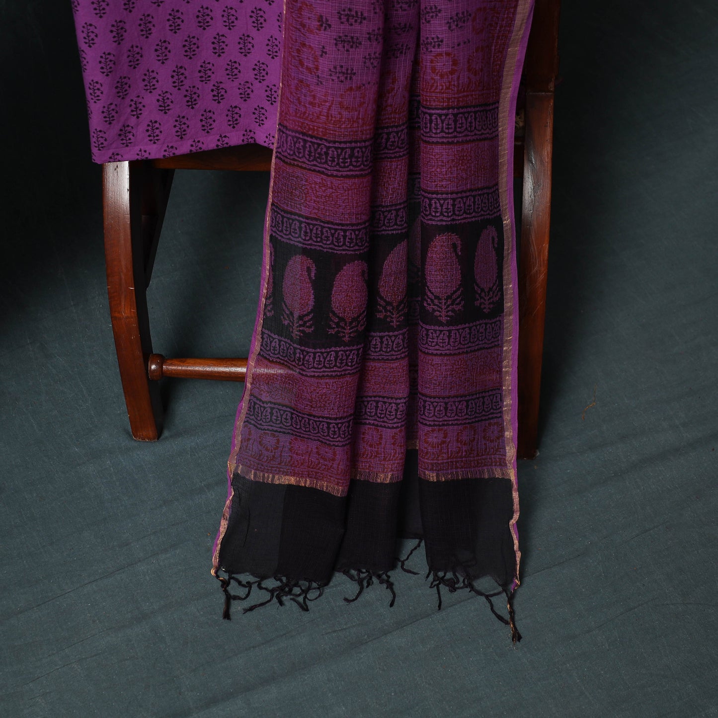 Bagh Hand Block Print Natural Dyed Kota Doria Cotton 3pc Unstitched Dress Material Suit Set 36