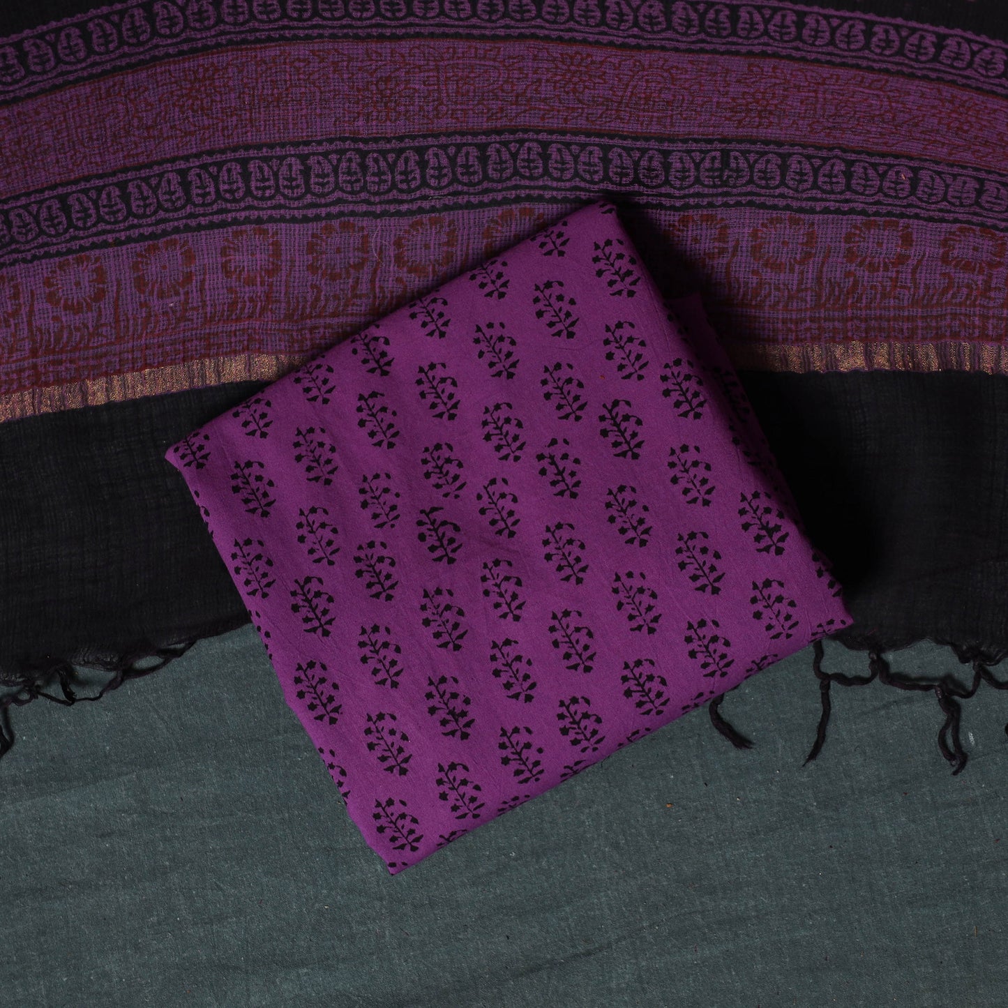 Bagh Hand Block Print Natural Dyed Kota Doria Cotton 3pc Unstitched Dress Material Suit Set 36