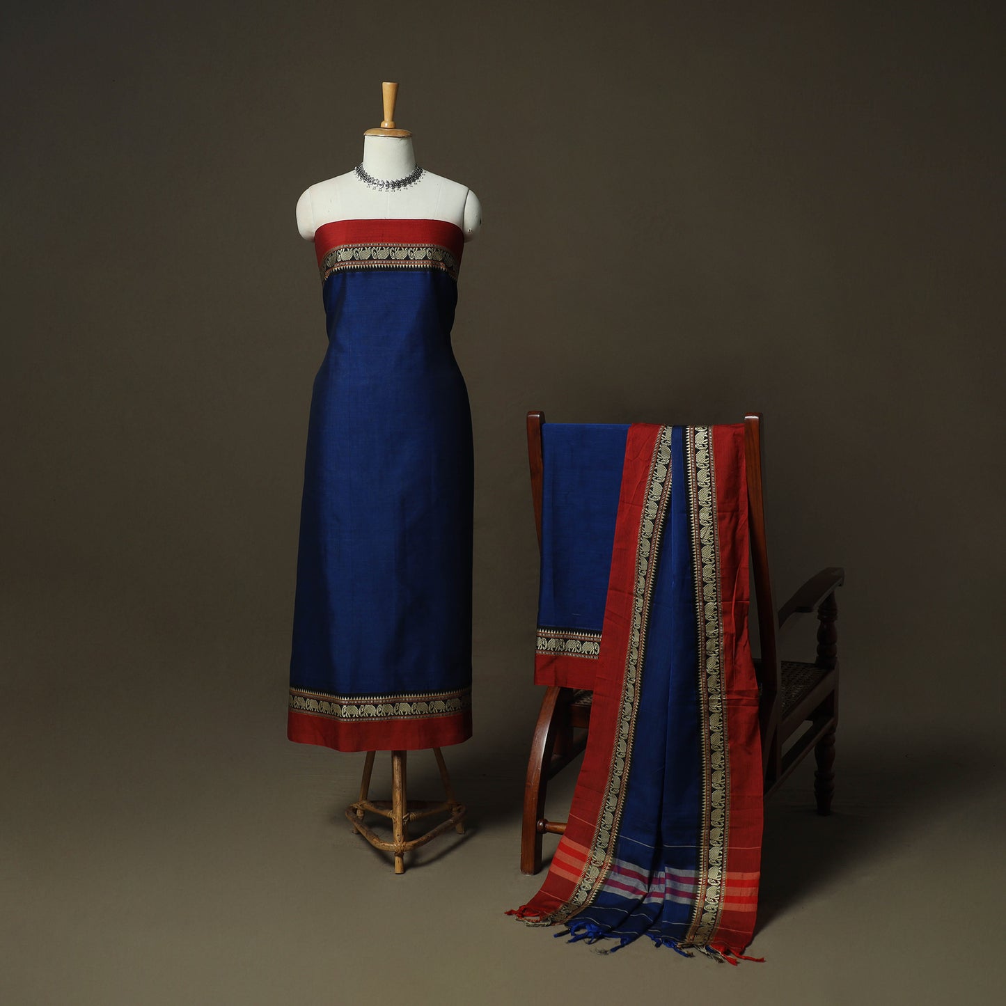 Blue - Dharwad Woven Mercerised Cotton 3pc Unstitched Dress Material Suit Set 73