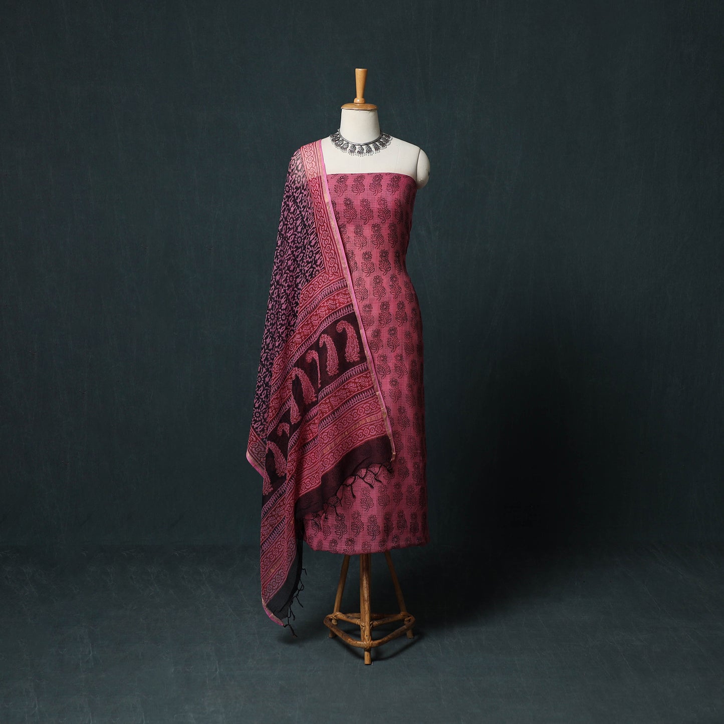 Bagh Hand Block Print Natural Dyed Kota Doria Cotton 3pc Unstitched Dress Material Suit Set 40