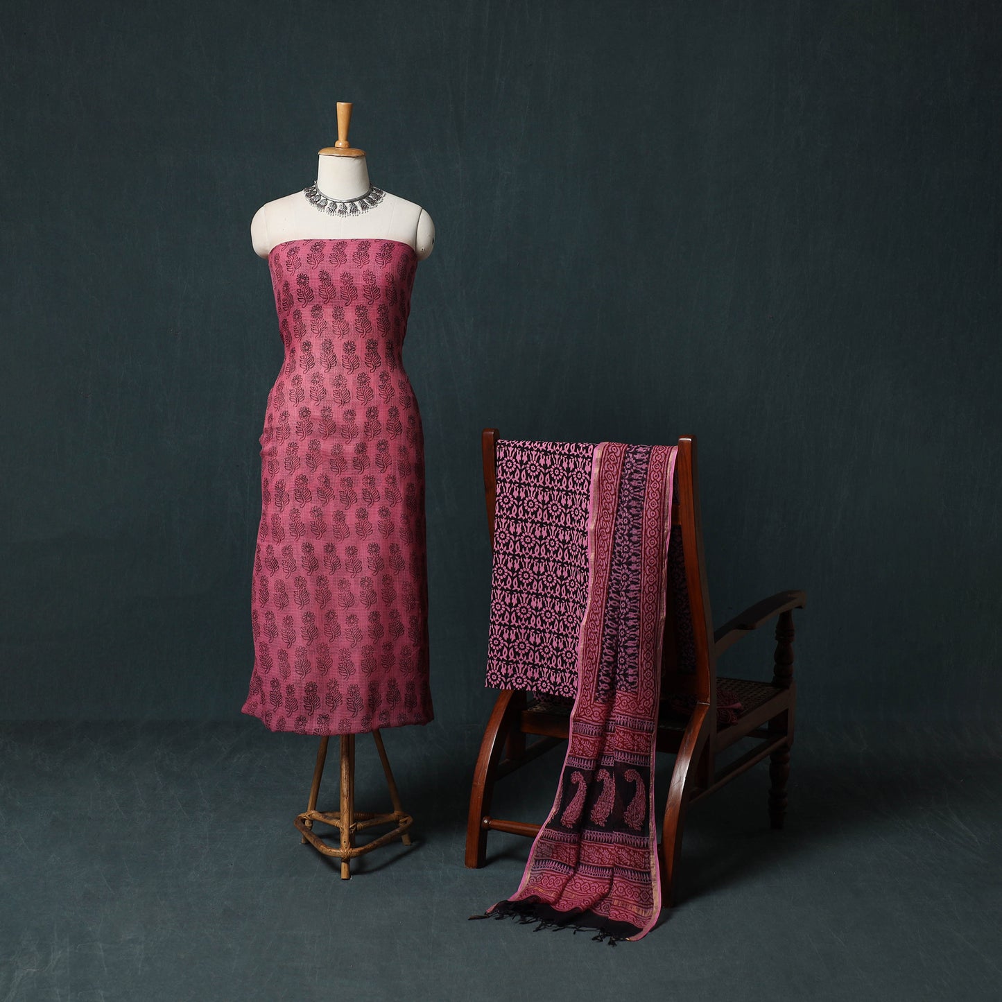 Bagh Hand Block Print Natural Dyed Kota Doria Cotton 3pc Unstitched Dress Material Suit Set 40