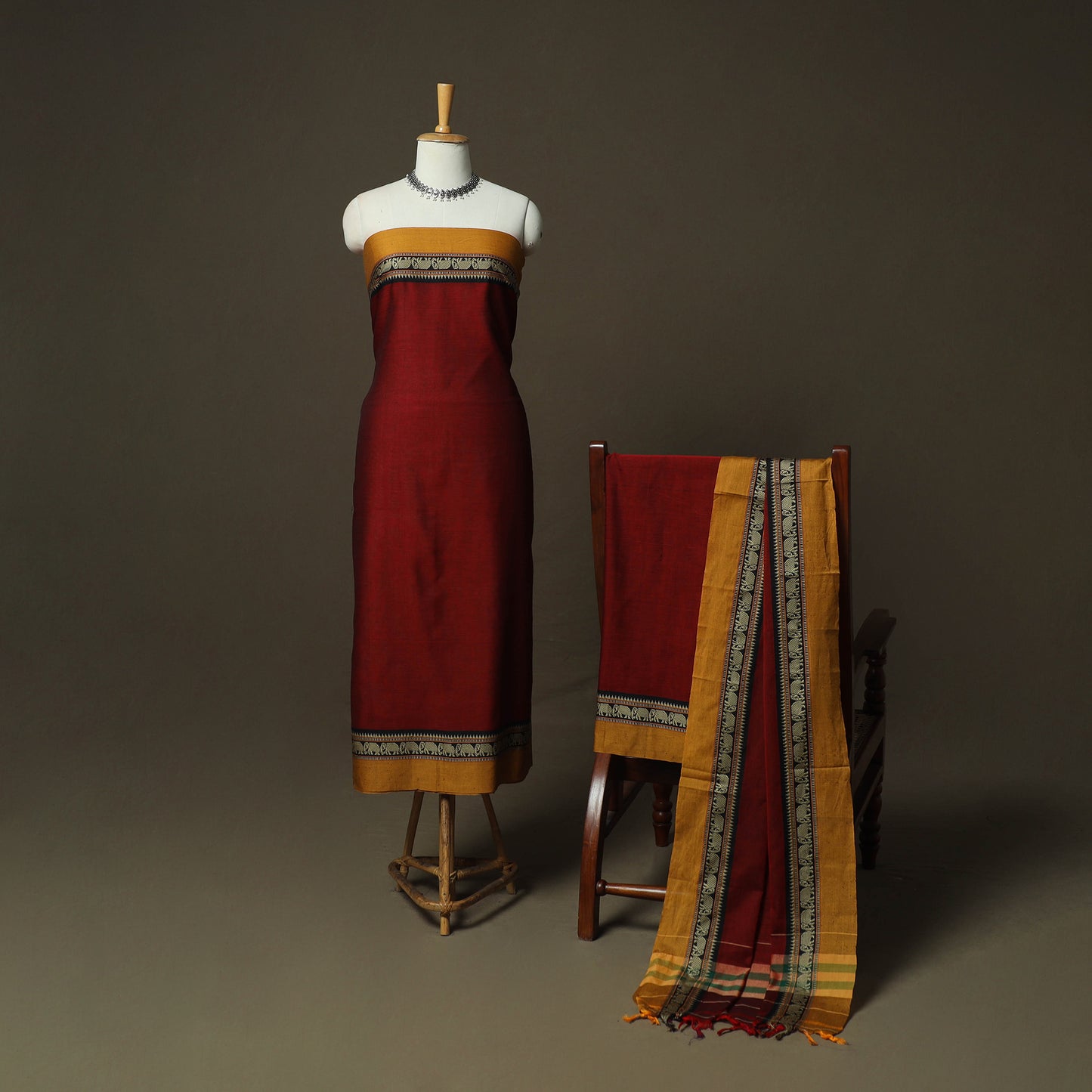 Red - Dharwad Woven Mercerised Cotton 3pc Unstitched Dress Material Suit Set 74