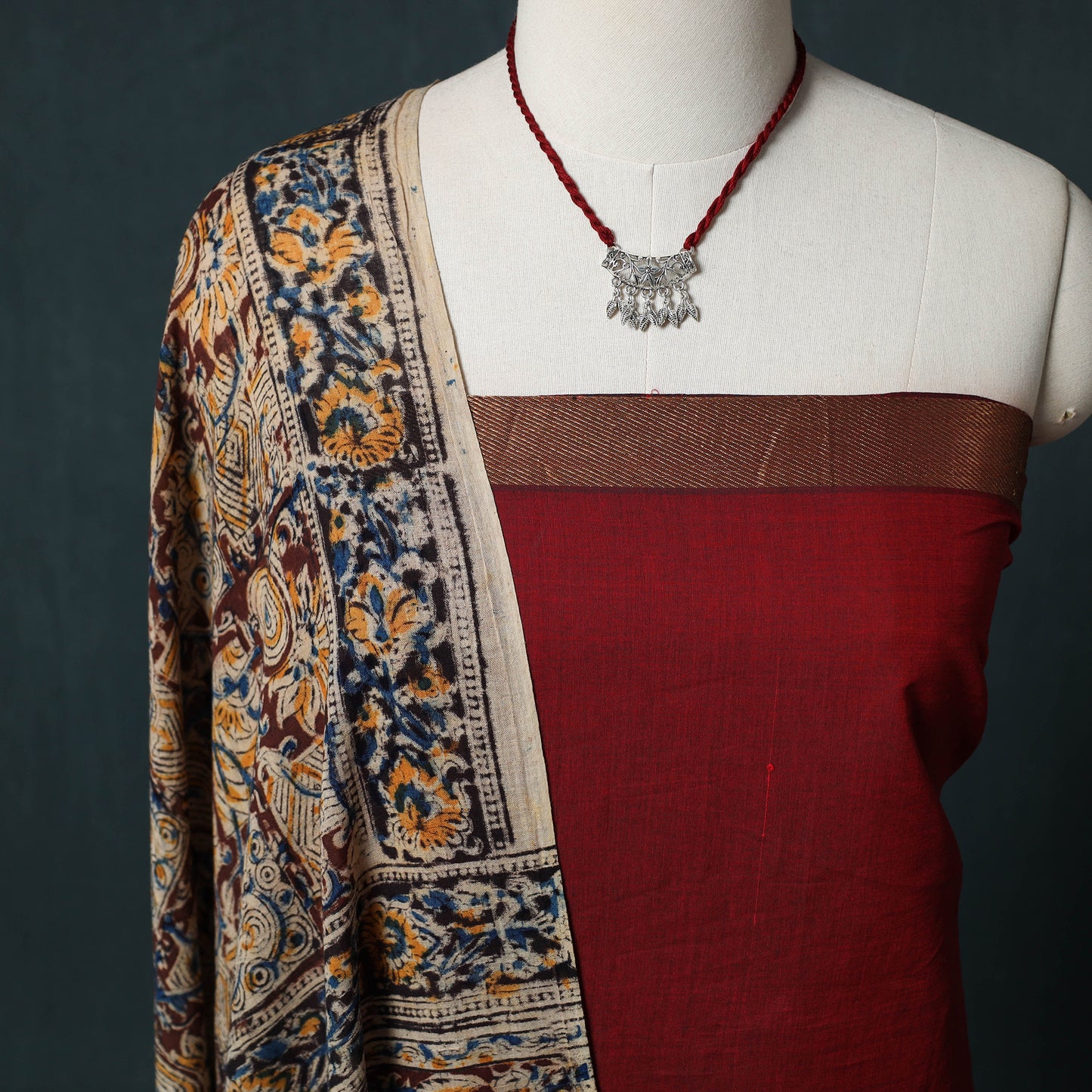 Mangalagiri Handwoven 2pc Cotton Unstitched Dress Material Kurta Set with Jewellery 06